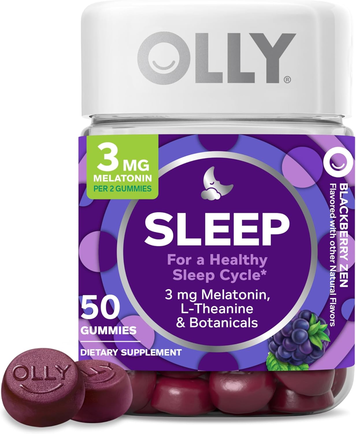 OLLY Sleep Gummy, 3 mg Melatonin, L-Theanine, Chamomile, Lemon Balm, Sleep Aid, Blackberry, 50 Count