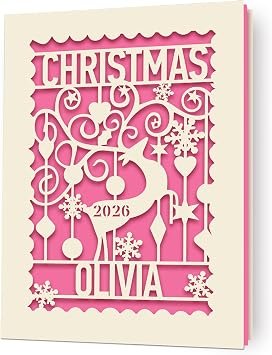 EDSG Personalized Christmas Cards 2026 Custom Laser Paper Christmas Card Xmas Santa Gift Keepsake Cards for Kids Boys Girls Daughter Grandson Granddaughter Grandad with EnvelopeFuchsia