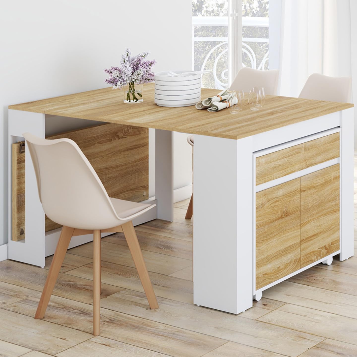 IDMarket - Table Buffet Extensible Orlando 10 Personnes 235 cm Bois Blanc et façon hêtre