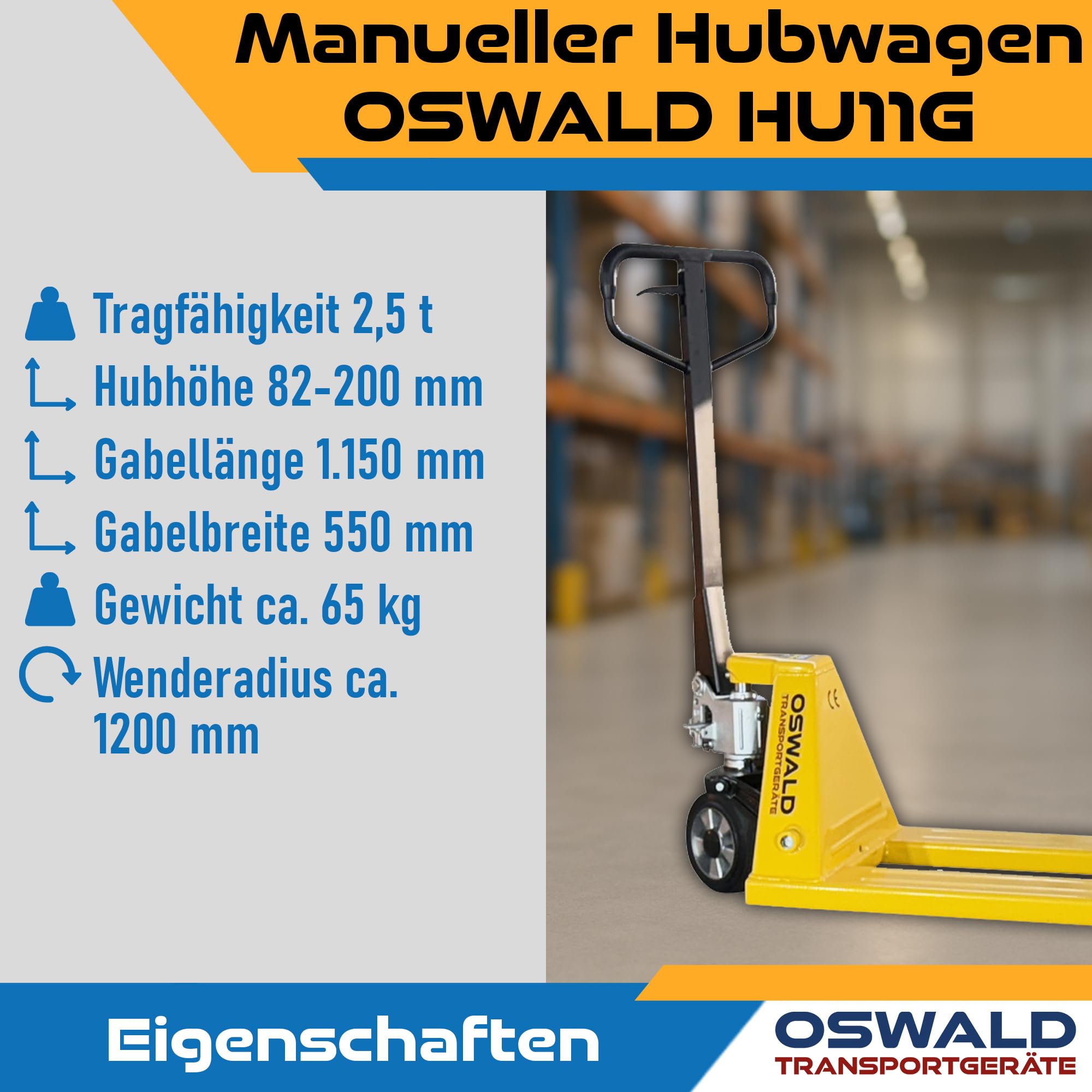 Oswald HU11G Hubwagen 2500 kg - 1150 mm Gabellänge - PU-Tandemrollen - Handhubwagen Palettenhubwagen Palettenwagen