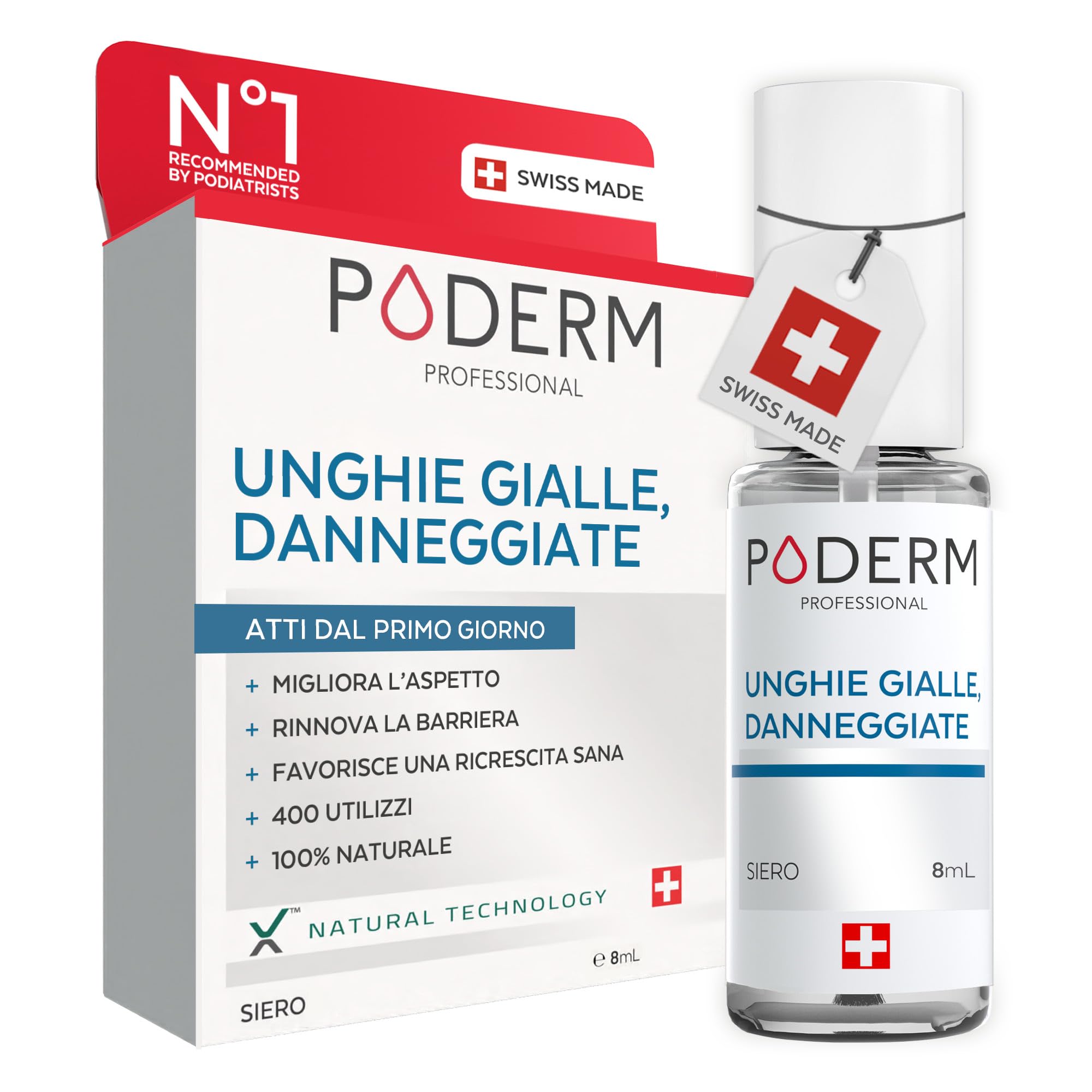 PODERM - Unghie Gialle e Danneggiate - Migliora l'aspetto dell'unghia - Schiarisce, Liscia e Nutre l'unghia - Ingredienti al 100% Naturali - Cura per mani e piedi | Facile e Veloce | Swiss Made
