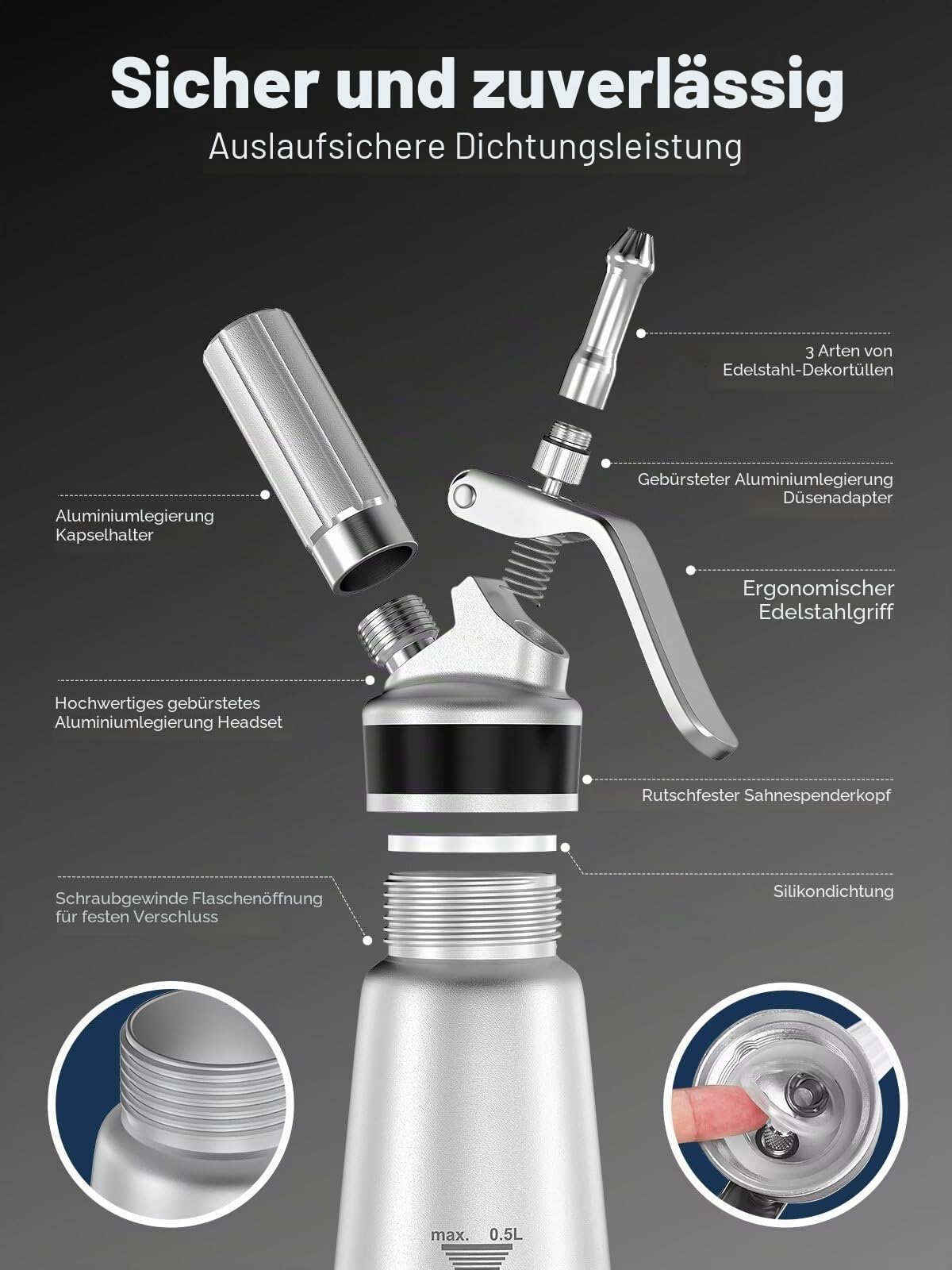 Sahnespender 500 ml aus Aluminium, 3 Tüllen, Silber | Leichter Aluminiumbehälter mit Bürste, Beutel, Kapselhalter und deutscher Anleitung. Sahnekapseln nicht enthalten.