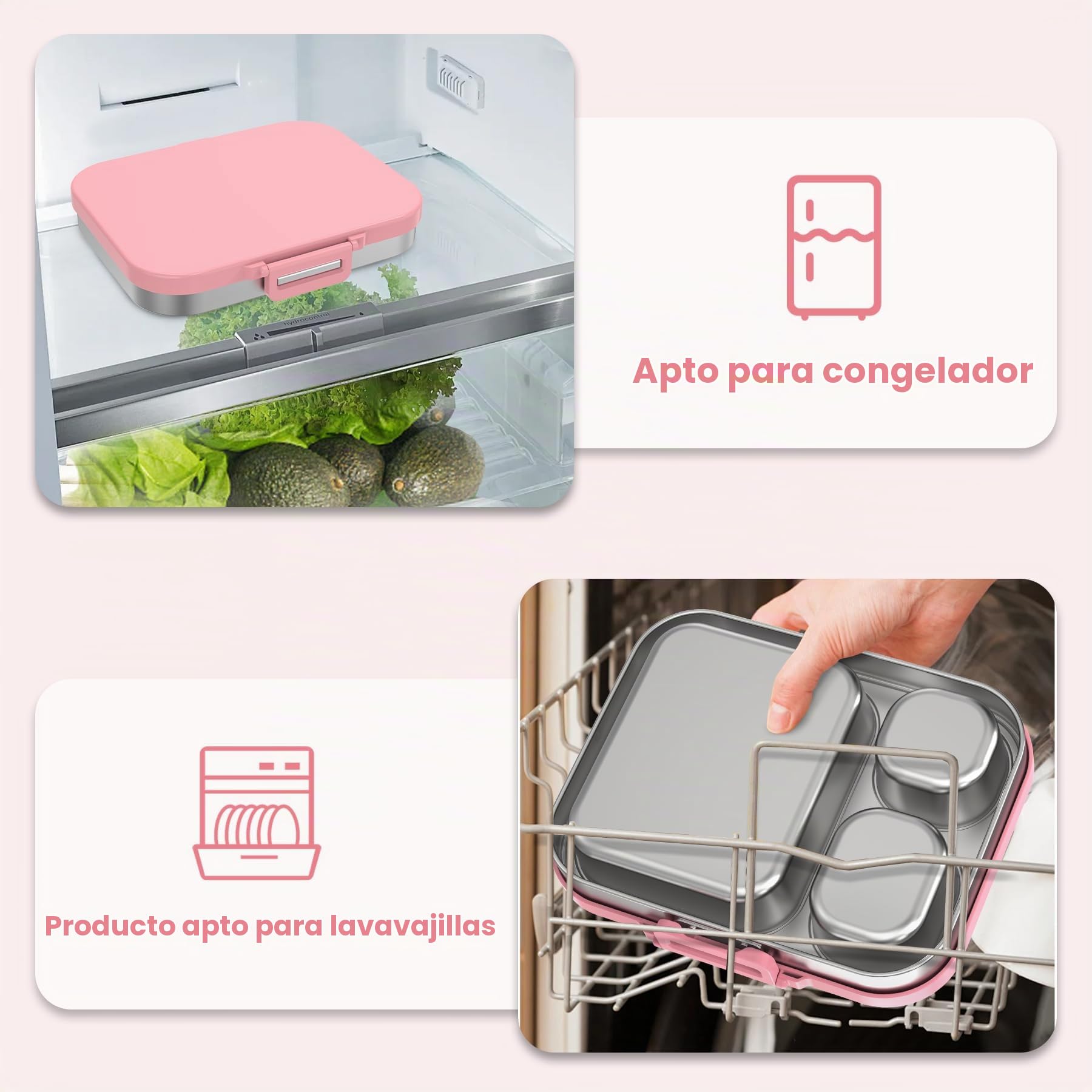 VITONIS Fiambrera de acero inoxidable para niños, fiambrera con 3 compartimentos A prueba de fugas, apta para lavavajillas, Adecuado para campus, picnic (rosa)