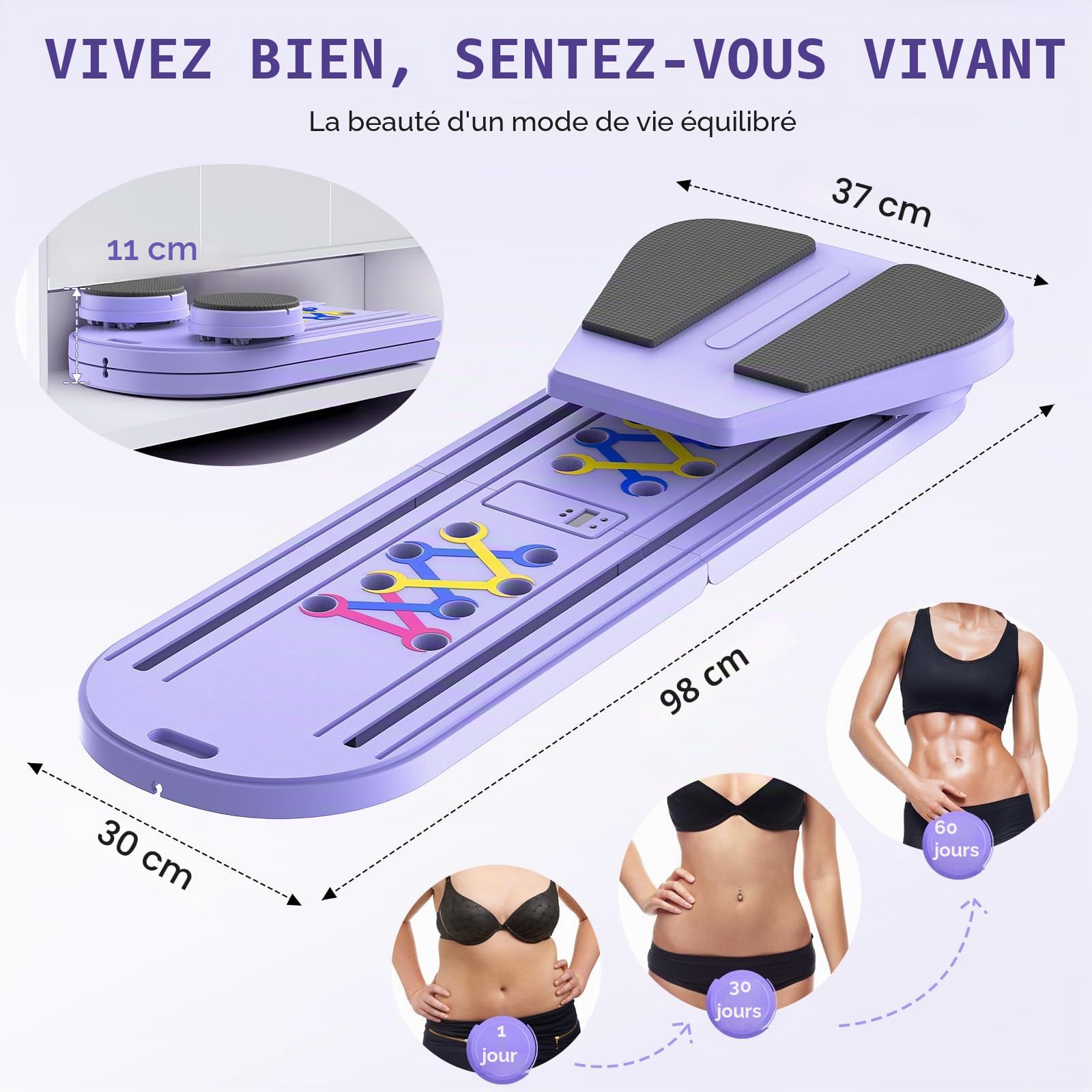 Mini réformateur de Pilates 6 en 1 avec compteur intelligent, planche de pilates avec bandes de résistance, rouleau de rebond automatique, planche abdominale pliable