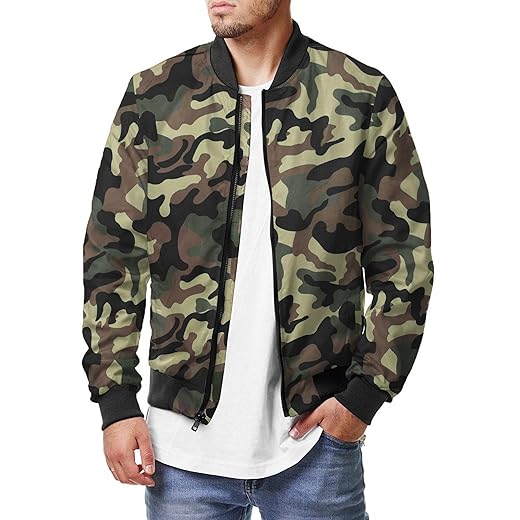 COOFANDY Mens Camo Bomber Jacket Fashion Windbreaker Fall Winter Front Zip Jackets Army Green Camo M