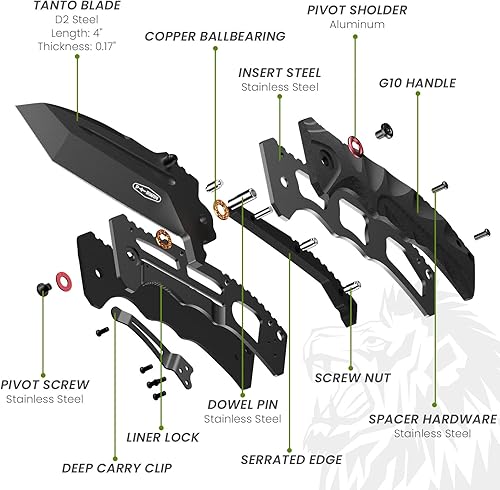 Miniatura 2 de Cuchillo de bolsillo  Cuchillo plegable de hoja de acero D2 de 4 pulgadas con mango G10 con clip de bolsillo, apertura de aleta con una sola mano,