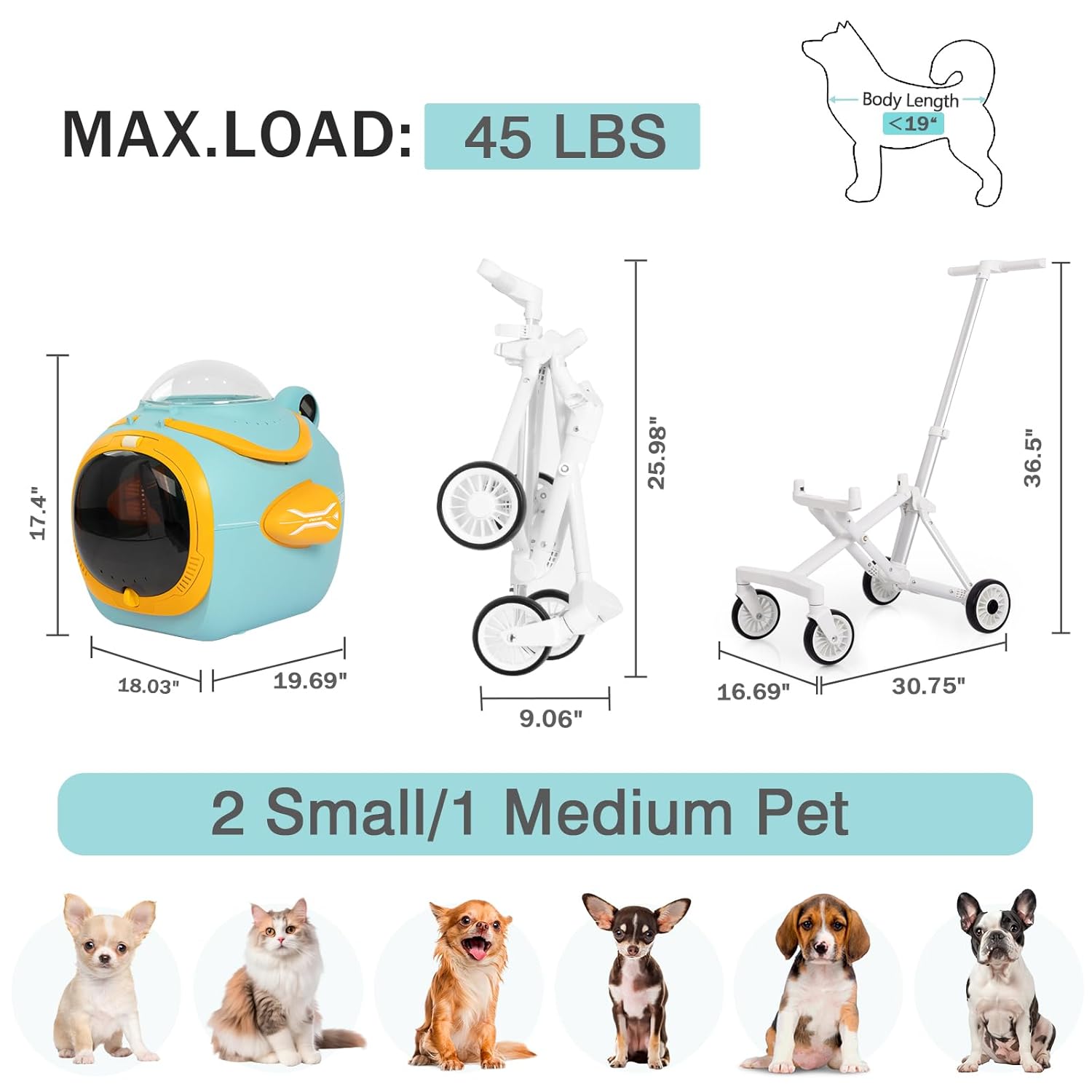 4 in 1 Foldable Pet Stroller with Detachable Carrier for Small Dogs & Cats, Space Capsule Travel Stroller with Inbuilt Fan,Temperature Display & Night Light,Puppy Kitty Doggie Bunny Stroller(Blue)
