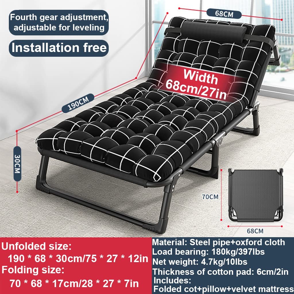Cuna de camping compacta y ajustable para exteriores con colchón, cama plegable portátil de 4 posiciones para dormir, reclinable, mochileros, viajes, tumbona de jardín con almohada incluida