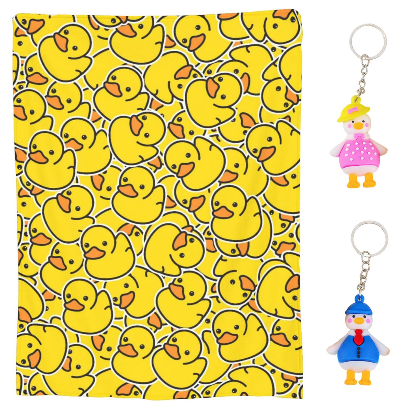 JYJLLM 3PCS Yellow Duck Blanket Set, Soft Flannel Throw 72x102cm with 2 Silicone 3D Duck Keychains for Adult Couch Bed Travel Gift