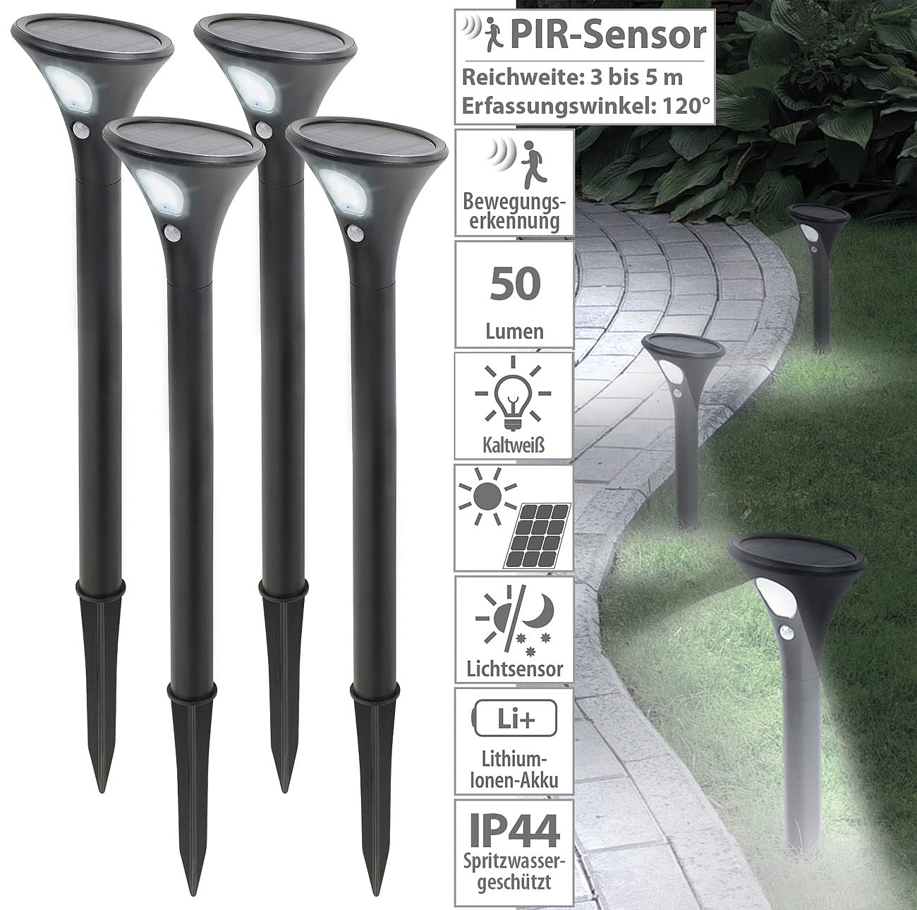 Lunartec Solarleuchte Gehweg: 4er-Set Design-Solar-Wegeleuchten, Licht- & Bewegungssensor, kaltweiß (Wegeleuchten Solar Bewegungsmelder, Steh-Gartenleuchte, Alarm)