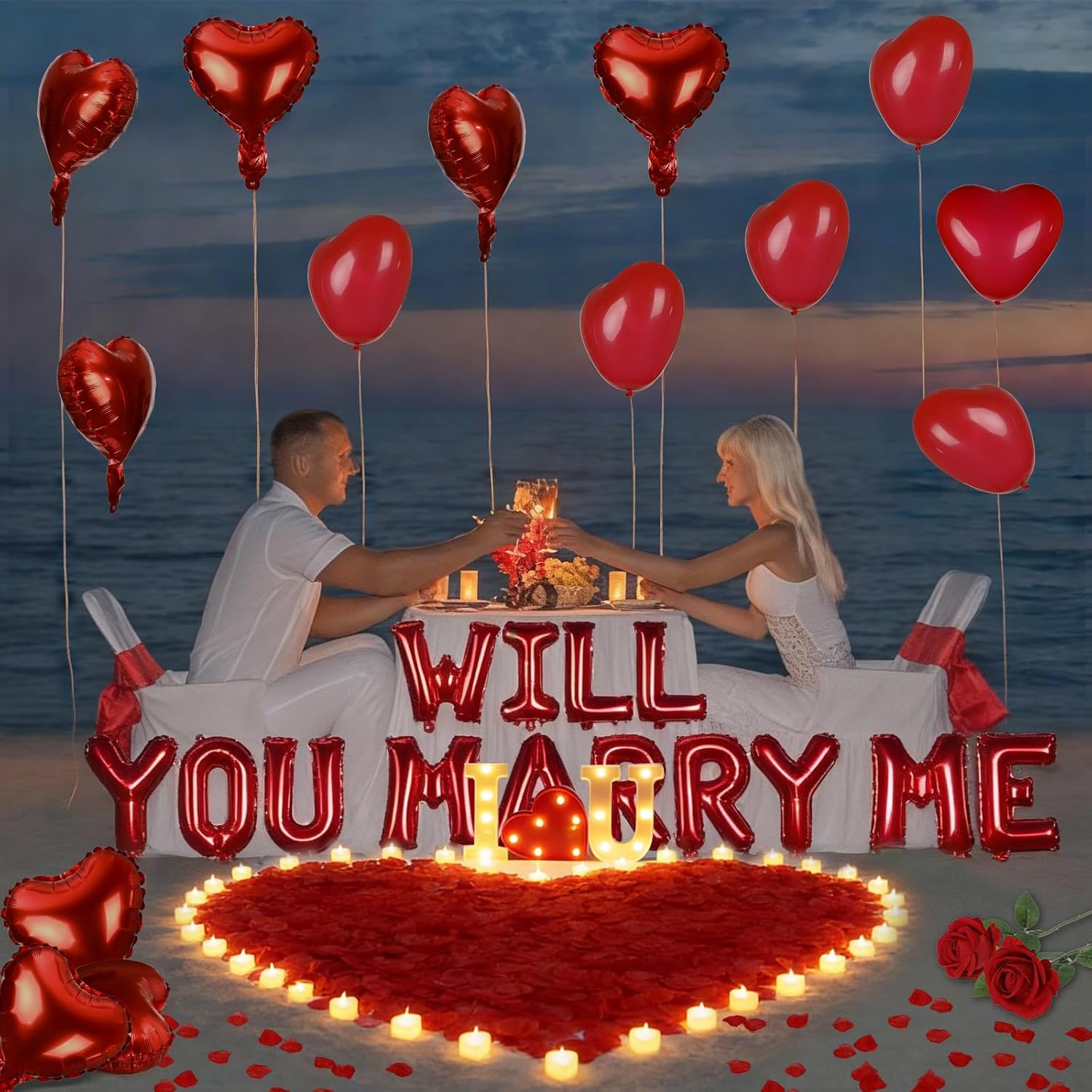 3249pcs Proposal Decoration Anniversary Valentines Day Decoration Romantic Special Night Decor Bedroom Decor Rose Petal LED Hearts "WILL YOU MARRY ME" Balloon Heart Candle Artificial Rose Heart String