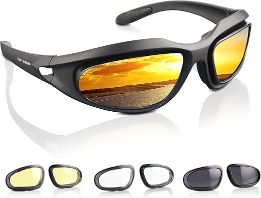 Polarized Motorcycle Riding Goggles, Windproof Cycling Glasses UV400 Outdoor Sports Sunglasses Interchangeable Lenes for Running, Baseball Golf, Driving, Fishing, Riding, Mountain Bike, Hiking