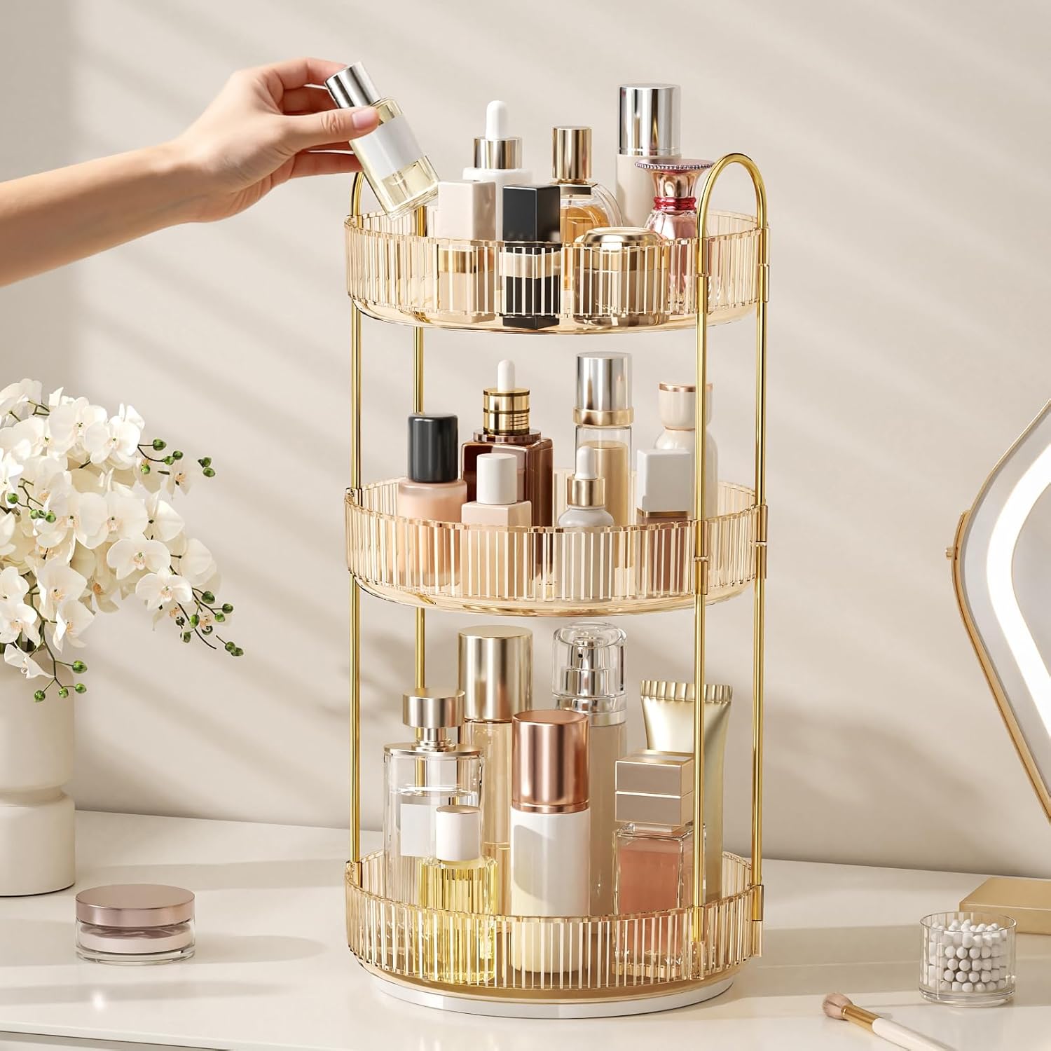 360° Rotating Makeup Organizer, Large Capacity Skincare Organizer, 3 Tier Cosmetic Skin Care Perfume Dresser Organizer, Fits Cosmetics, Perfume, Skin Care, Lipstick