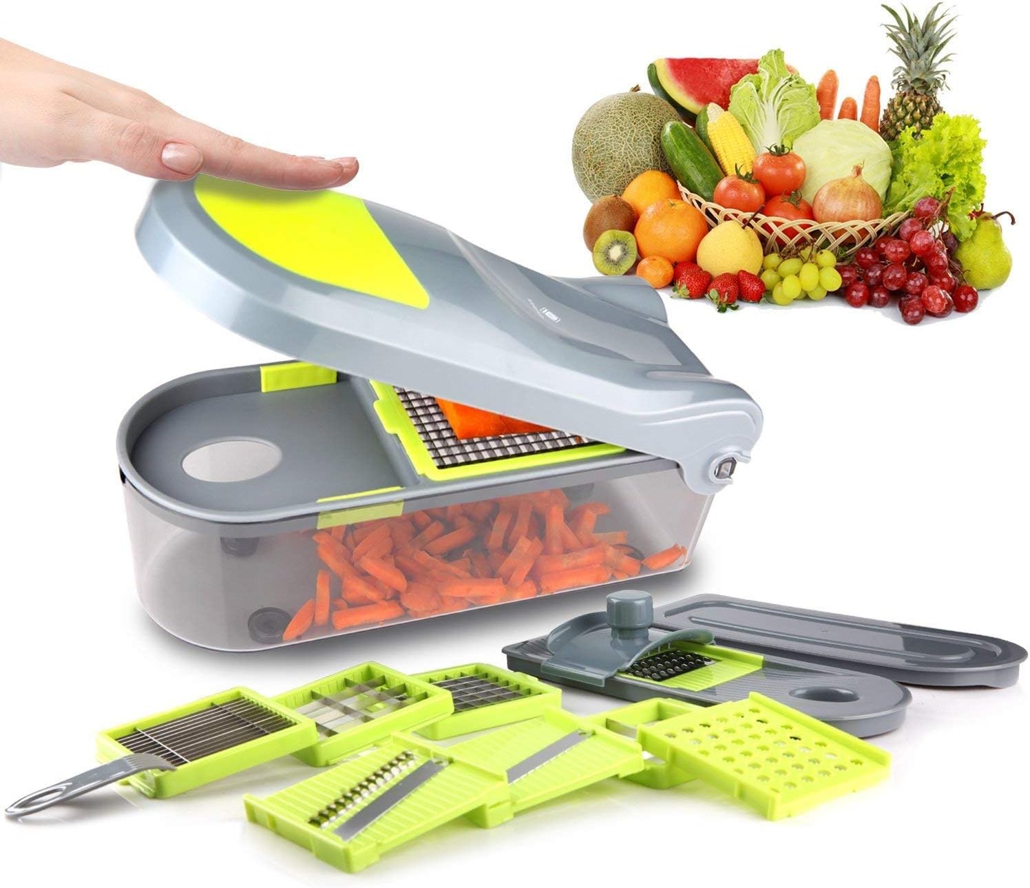 kilokelvin mandoline Food Chopper: Strongest &Biggest 1500ML Container Capacity 9 Dicing Blades & Lid Multi Kitchen Grater Mandoline slicer with 12sets Onion Chopper, Kitchen Vegetable Dicer, Fruit and Patato Cutter-gray