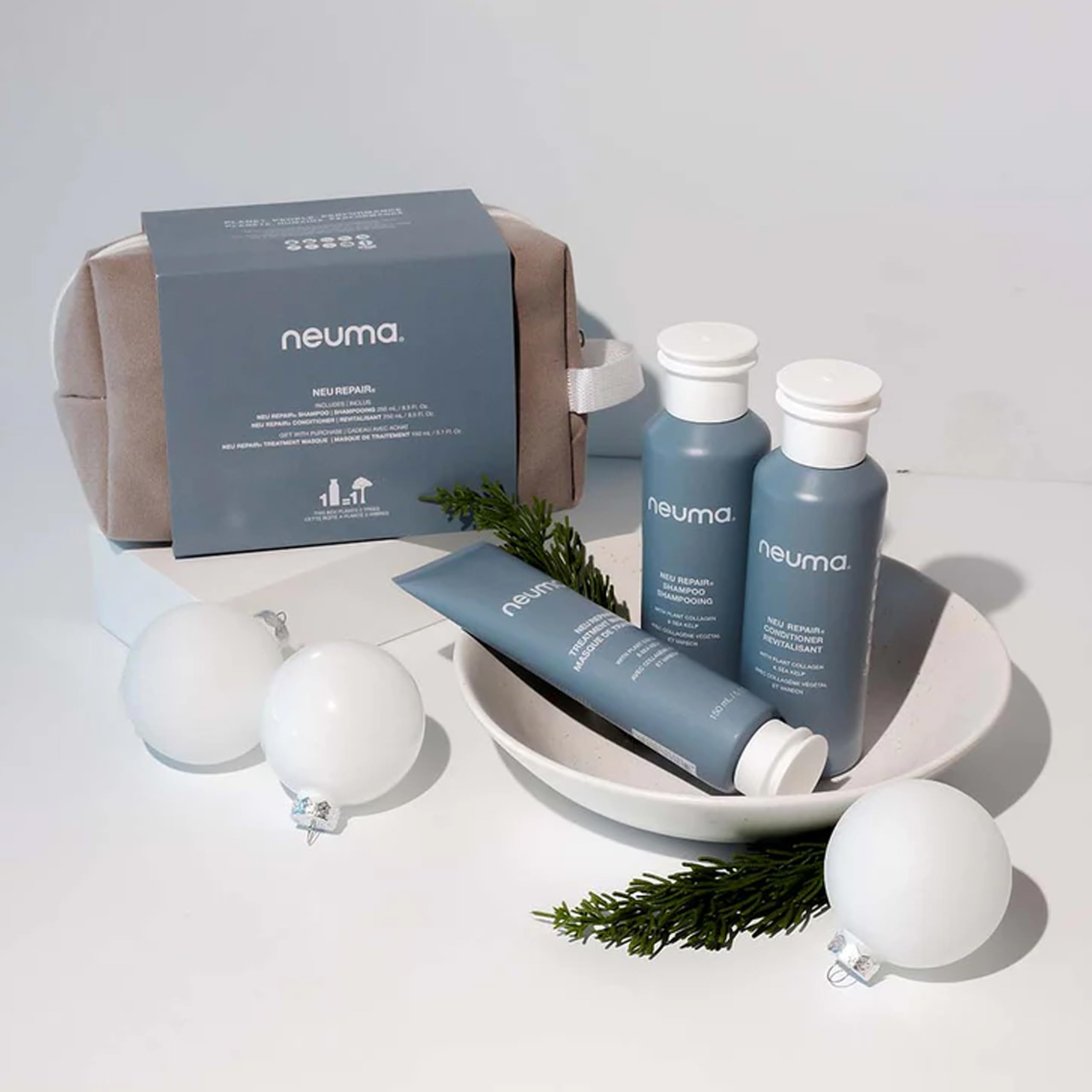 NEUMA Neu Repair Holiday Gift Set — Neu Repair Shampoo (8.5 Fl. Oz.), Neu Repair Conditioner (8.5 Fl. Oz.), and Repair Treatment Masque (5.1 Fl. Oz.) — Hair Repair Treatment for Damaged Hair