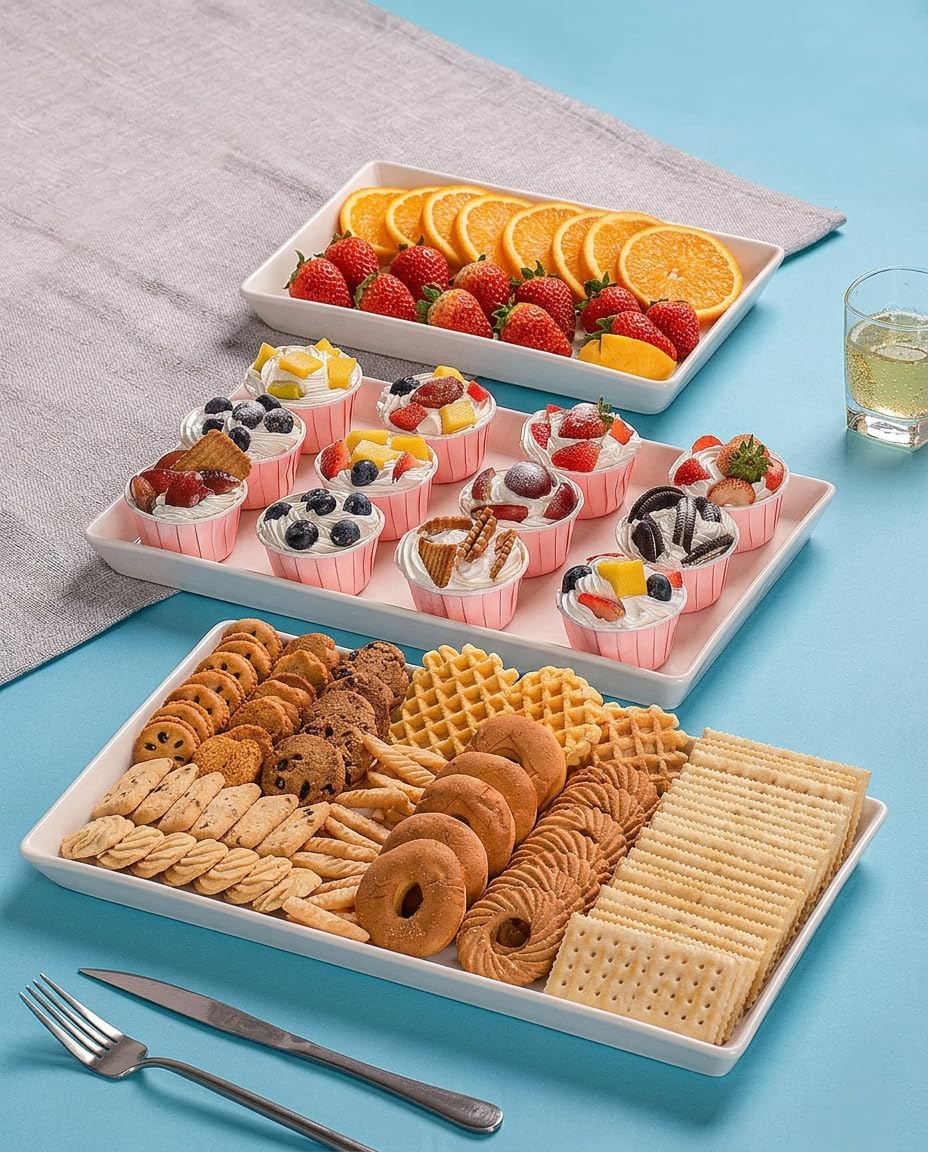 Delling Large Serving Platter, 16/14/12 Inch Rectangular Serving Trays for Serving Food, Serving Tray for Party - Set of 3, White