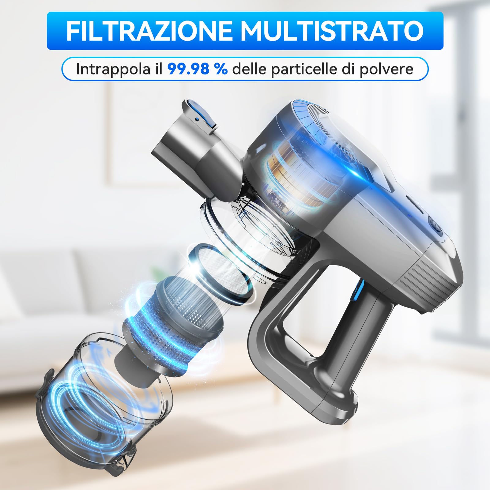 Generico Aspirapolvere Senza Fili, Scopa Elettrica Senza Fili ultraleggero 6 in 1, 55 minuti di autonomia, Anti-Avvolgimento, Aspirapolvere potente per Pavimenti/Tappeti/Peli Animali