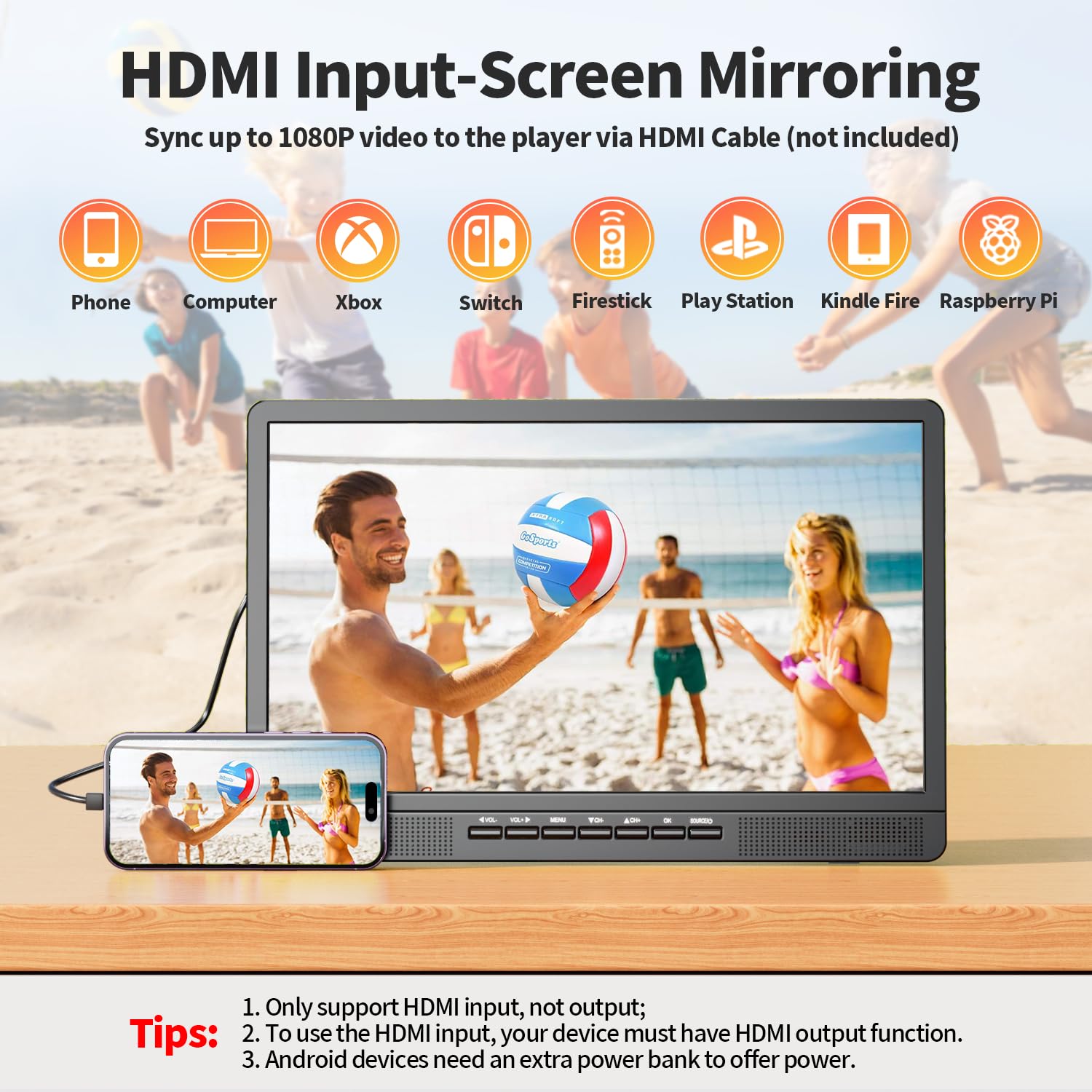 Desobry portable tv, mini TV LCD da 18 pollici con sintonizzatore DVB/T2, TV da 12 V, HD 1080P per campeggio all'aperto, camera da letto, cucina, compatibile con ingresso USB/HDMI/AV