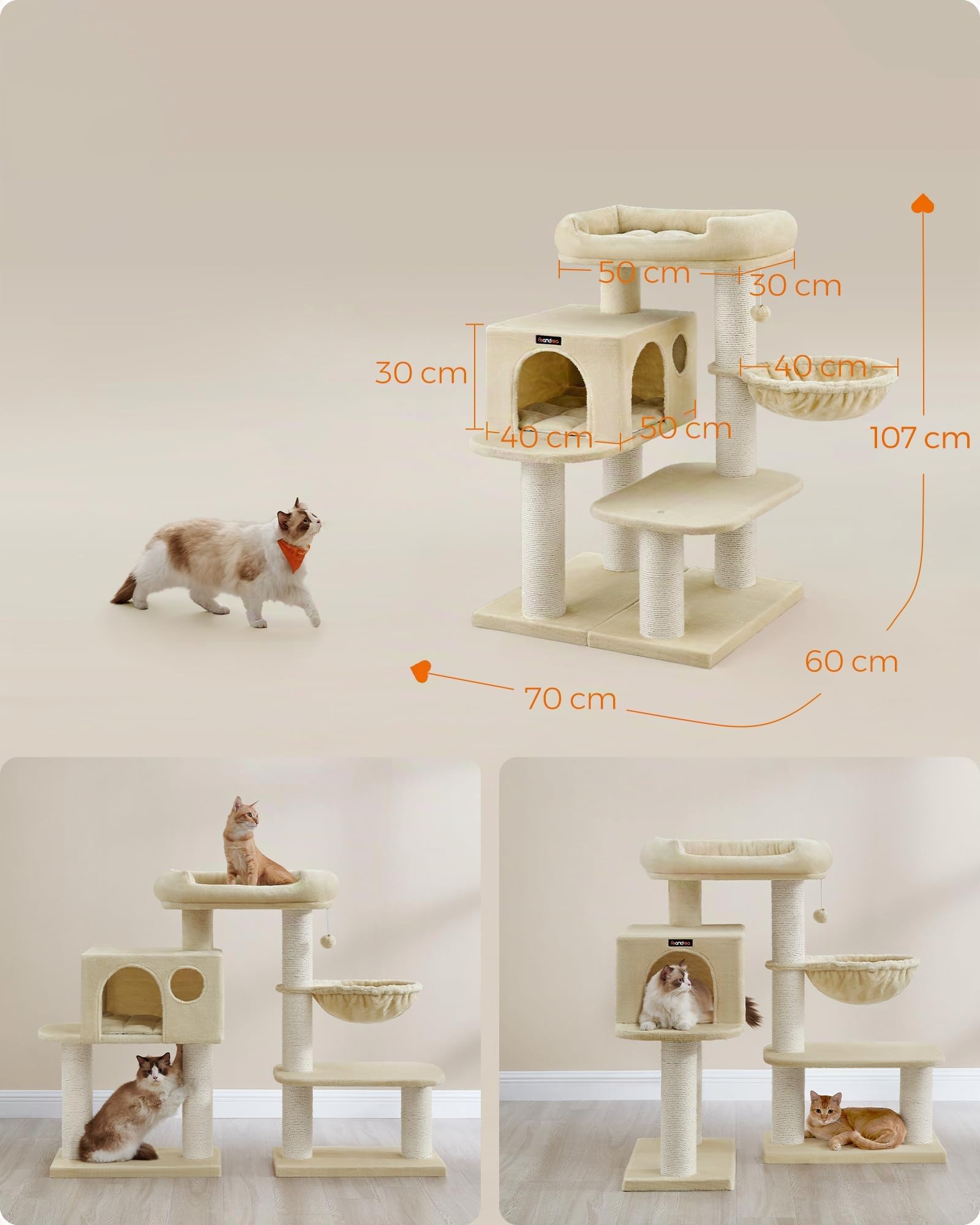 FEANDREA Árbol para Gatos, con Plataforma de Observación XXL, Tumbona de la Cesta y Cueva Grande, Postes Gruesos Envueltos en Sisal, Estable, Beige PCT01M