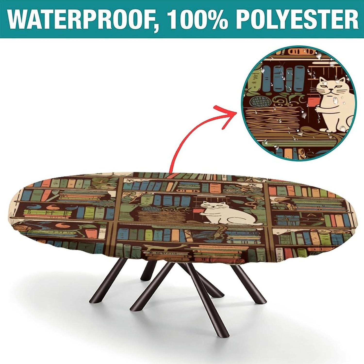 Cat on Bookshelf Pattern Printed on Tablecloth for Oval Table, Fitted Table Cover, Table Pads for Dining Room Table Rectangular, Fits for 48" x 68" Oval Table