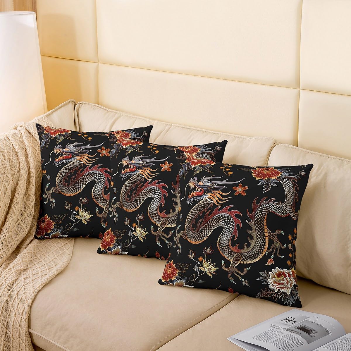 Set of 2 Dragon Throw Pillow Covers,Traditional Exotic Dragon Print Cushion Case for Living Room Decor Reversible Chinese Style Botanical Floral Flower Print Decorative Throw Cushion Case,22x22 Inches