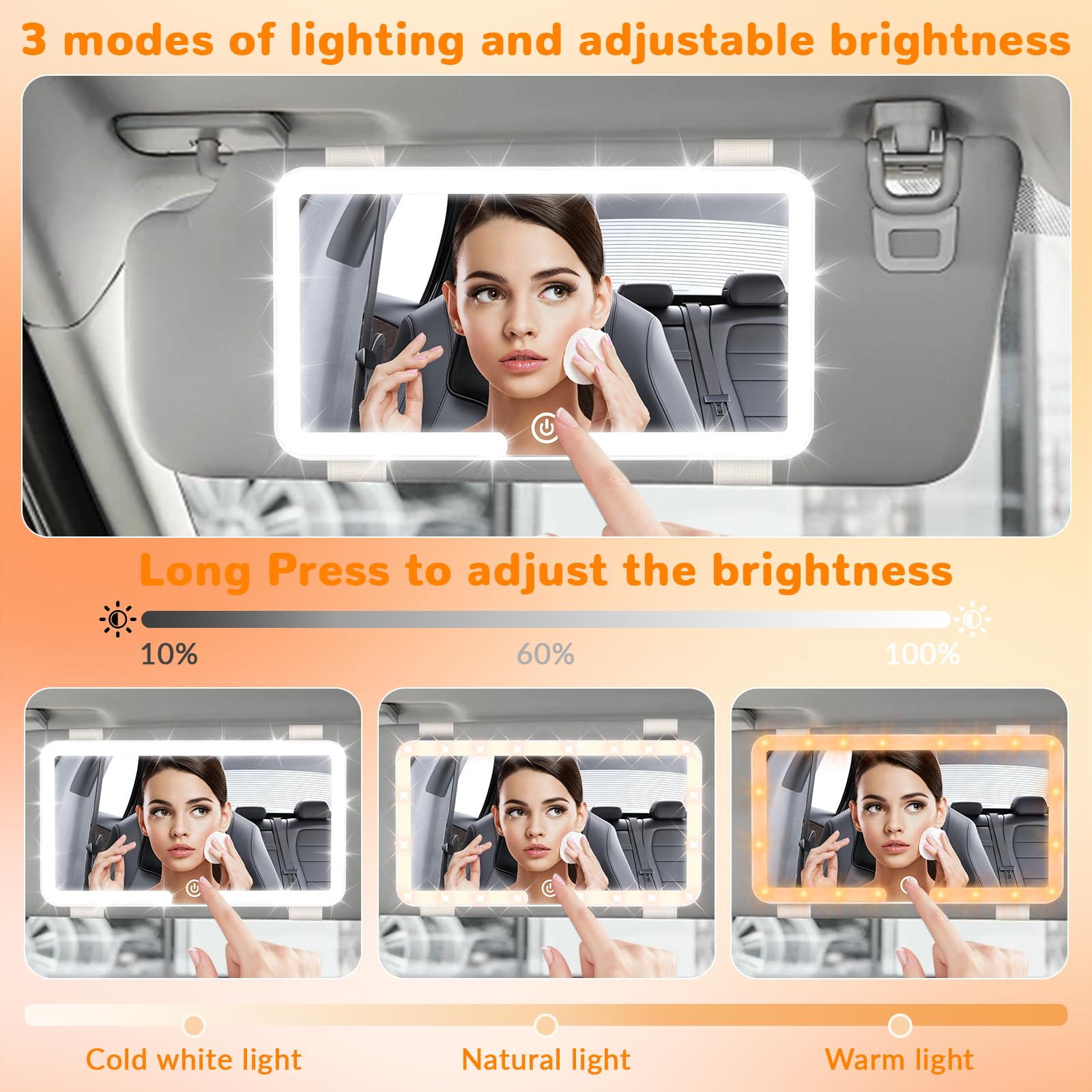 Pavlleen Specchio Auto LED,Specchio Trucco con Luci per Auto,3 modalità di illuminazione,regolabile Illuminato,USB ricaricabile,pulsantiera touch,Blanco
