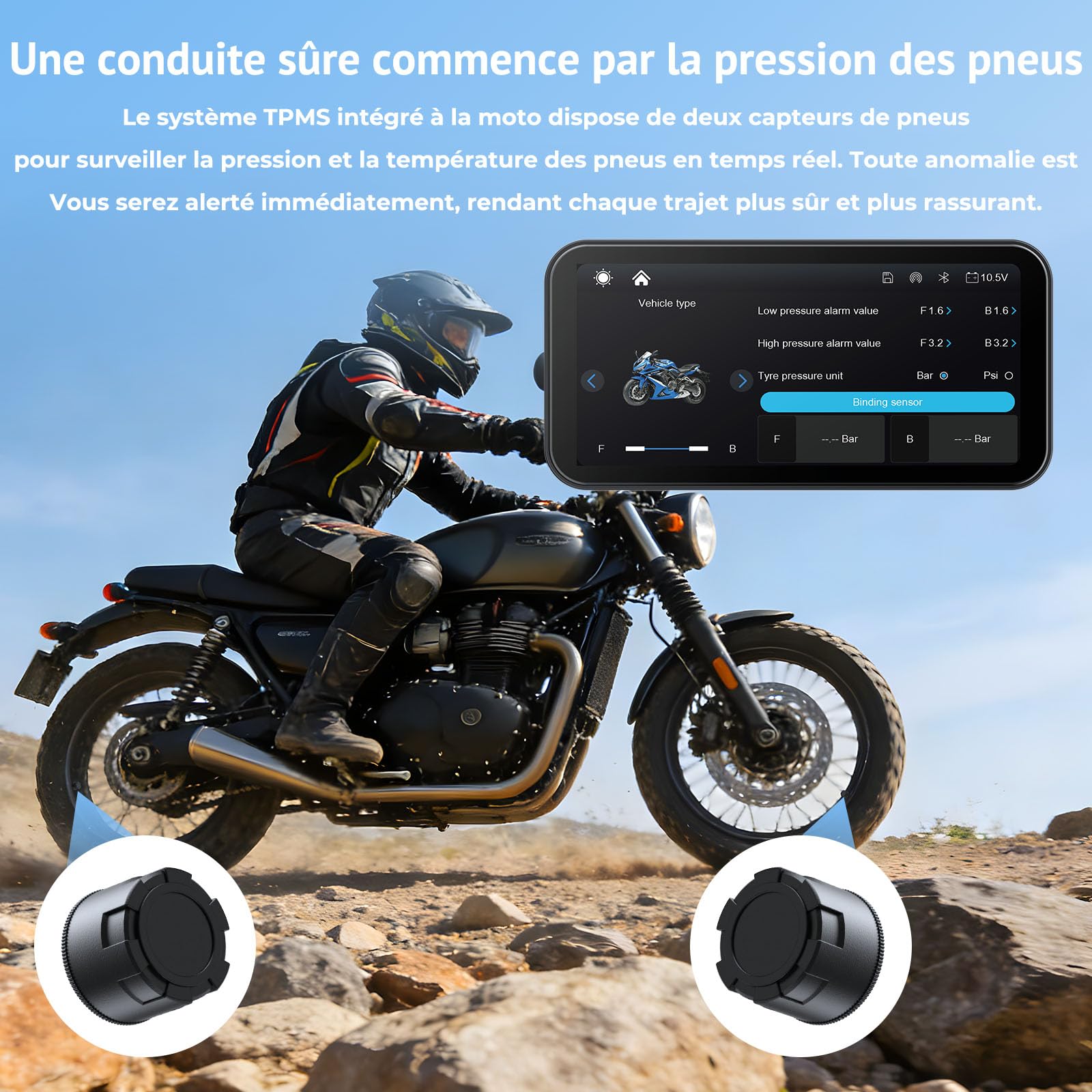 Écran Moto CarPlay sans Fil 6,25" Touchscreen, IP67 étanche,TPMS | Compatible avec Apple CarPlay & Android Auto,Navigation,Commande vocale,Dual Bluetooth,Alimentation USB/ACC