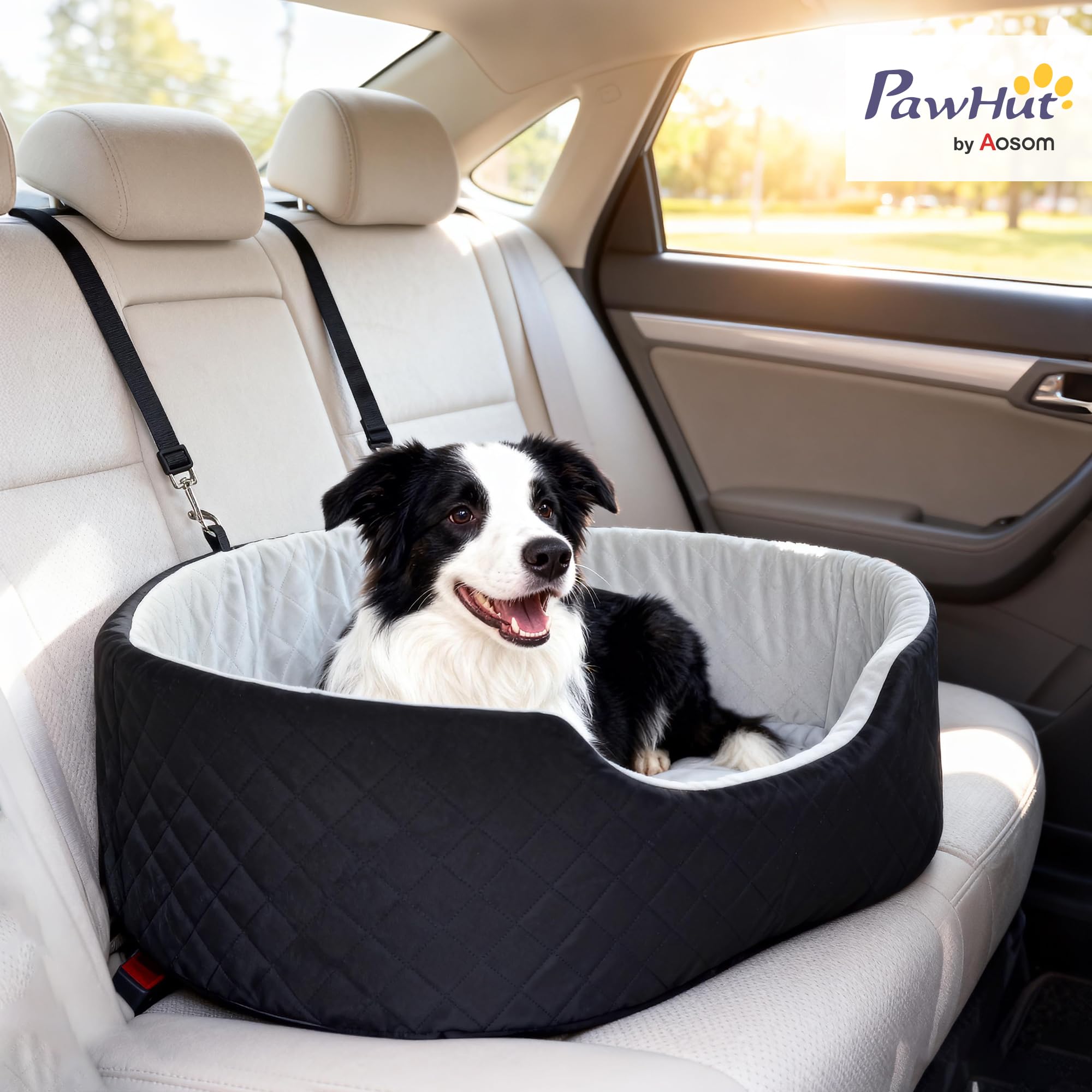 PawHut Siège Auto pour Chien avec Ceinture de sécurité et Fixation, siège de Voiture pour Chiens rembourré Confortable Portable jusqu'à 15kg, Panier Voiture pour Animal Coussin Amovible, Noir