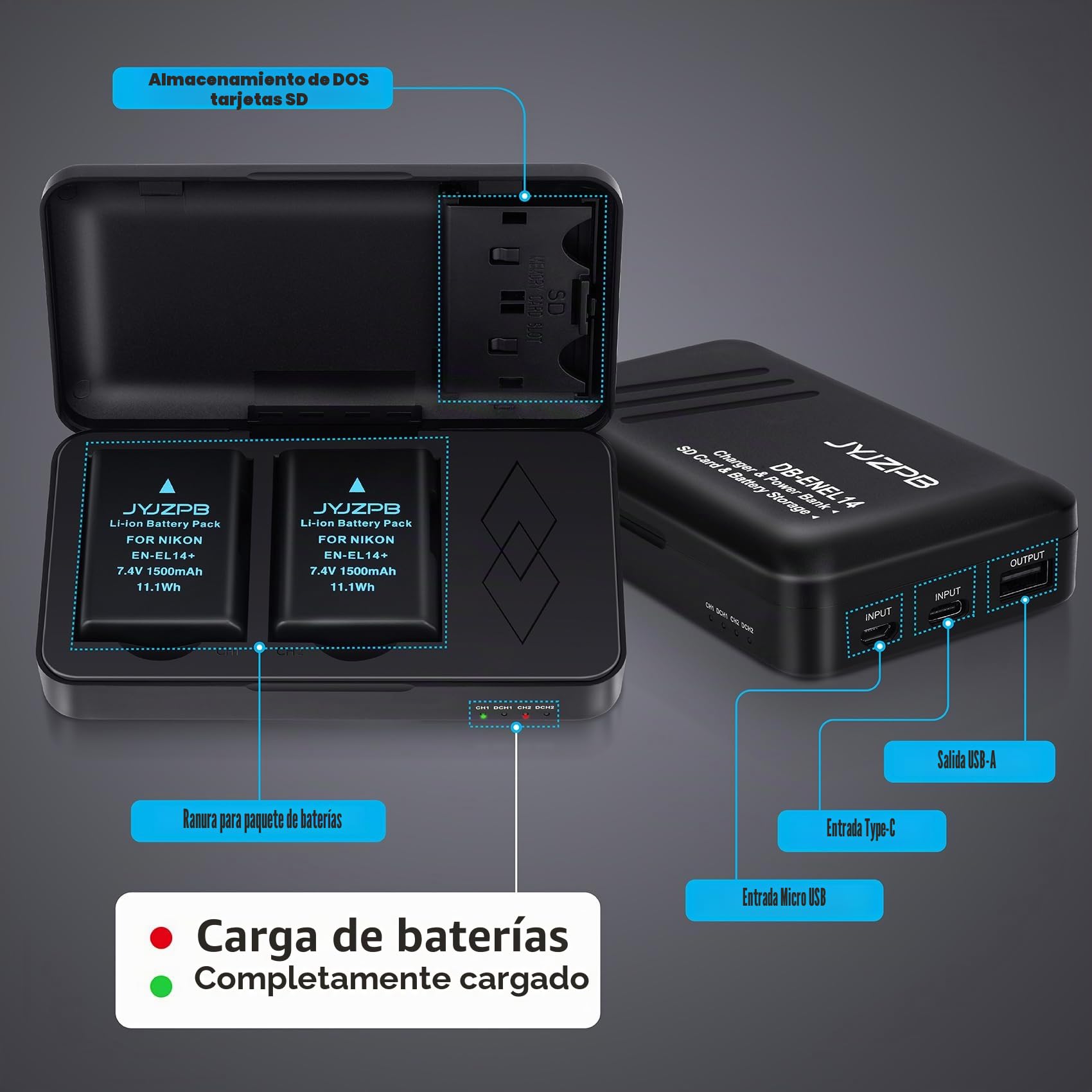 JYJZPB EN-EL14 EN-EL14A Batería para Nikon D3200 D3500 D5100 D3100 D3400 D3300 D5600 Estuche Cargador rápido USB con Doble Canal para Nikon D5200 D5300 D5500 Coolpix P7000 P7100 P7700 Cámara