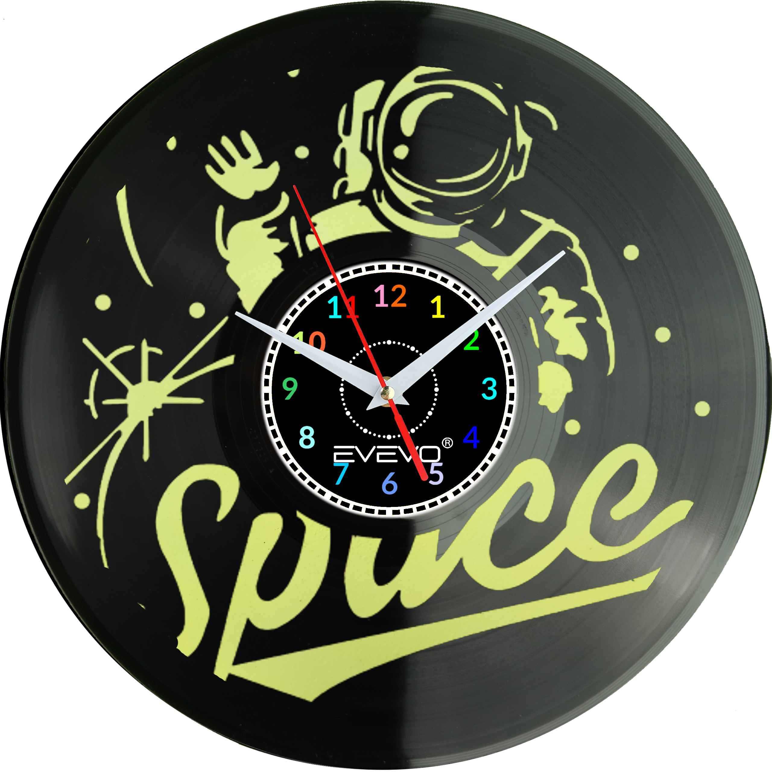 ZEGAR ŚCIENNY KOSMONAUTA ASTRONAUTA FLUORESCENCYJNE TŁO PŁYTA WINYLOWA PREZENT UPOMINEK URODZINY GIFT SOUVENIR F0038