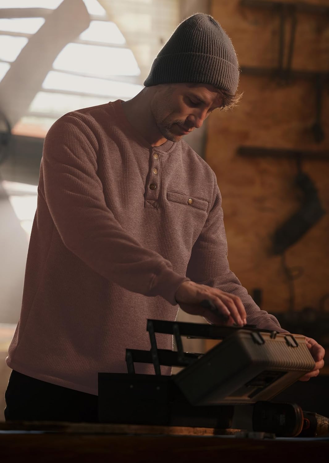 Mens Waffle Sherpa-Lined Henley Shirts Long Sleeve Thermal Pullover Casual Winter Workwear (S-XXL) - Image 3