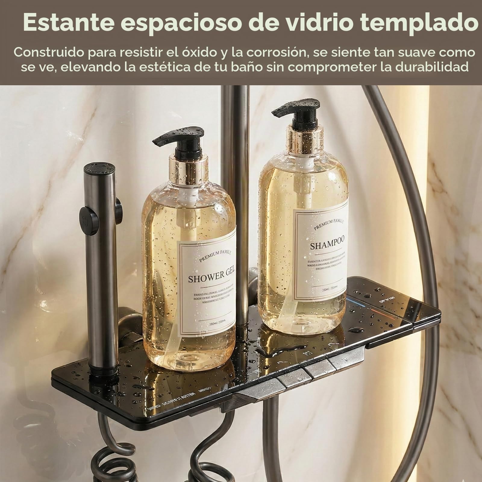 Columna de Ducha Negro con 4 Botones de Piano, Sistema de Ducha con Rociador de Lluvia y Ducha de Mano, Conjunto de Ducha Ajustable en Altura 67-107cm para Baño-D5