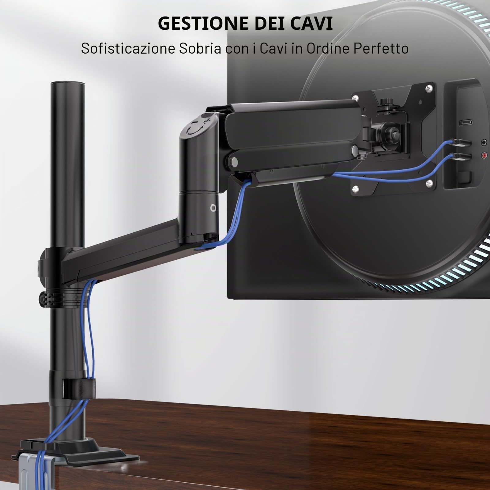 WALI Braccio singolo per monitor da 13 a 32 pollici, supporto regolabile per monitor con molla a gas, supporto per monitor del computer con rotazione inclinabile, morsetto a C e base con occhiello,