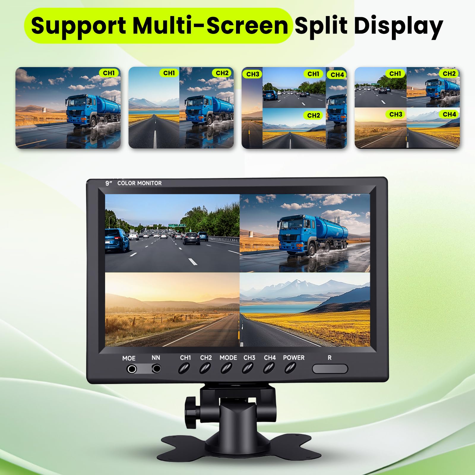 Podofo Kit Auto Telecamera Posteriore, 4 Telecamere + 9" Monitor a 4 Schermi Schermo LCD, Telecamere Anteriori e Retromarcia, Cavo Aeronautico a 4 Pin, Visione Notturna IR Impermeabile 12V-24V