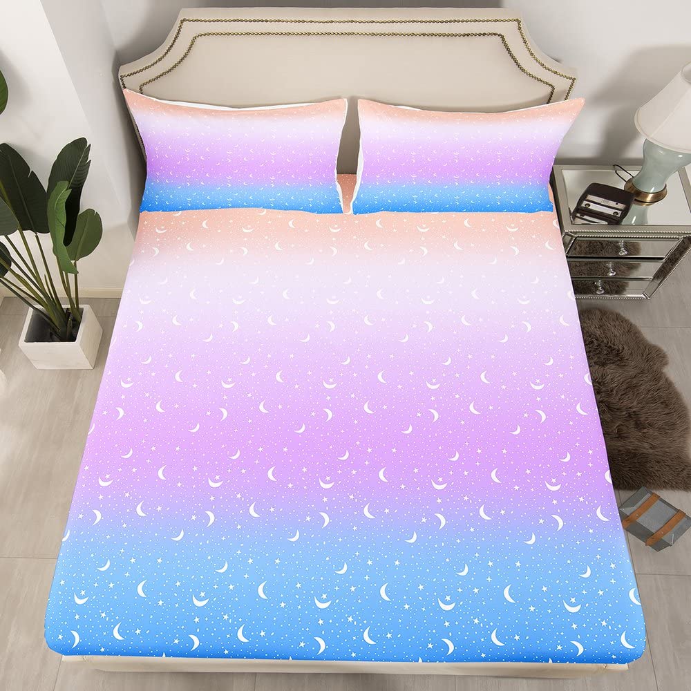 Set di biancheria da letto per bambini, ragazzi e ragazze, con lenzuolo con angoli con tasca profonda, motivo farfalle arcobaleno, blu, viola, in microfibra, per letto king size