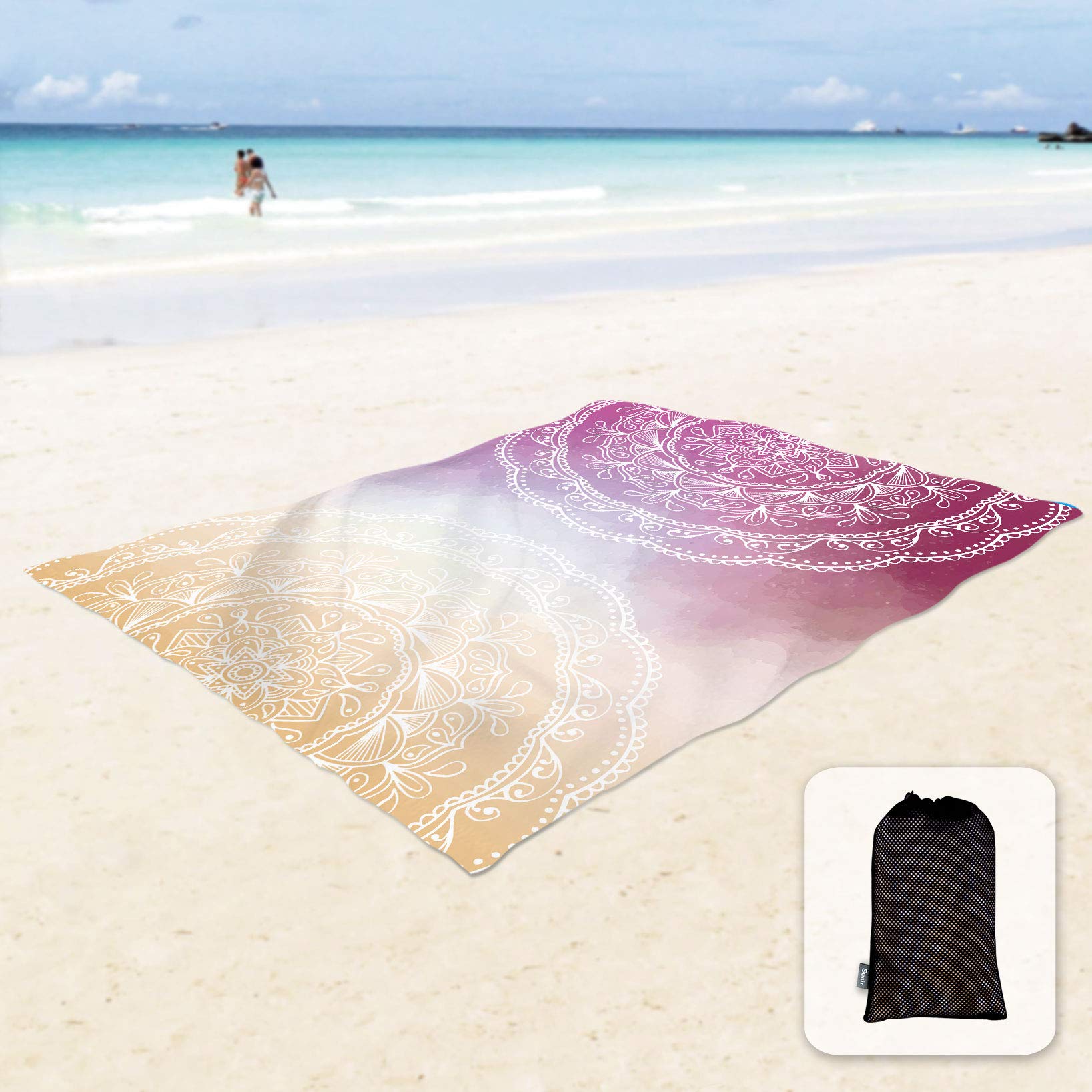 Sunlit Manta de playa suave y sedosa de 85 x 72 pulgadas, a prueba de arena, a prueba de arena, con bolsillos en las esquinas y bolsa de malla para fiestas en la playa, viajes, camping y festivales de