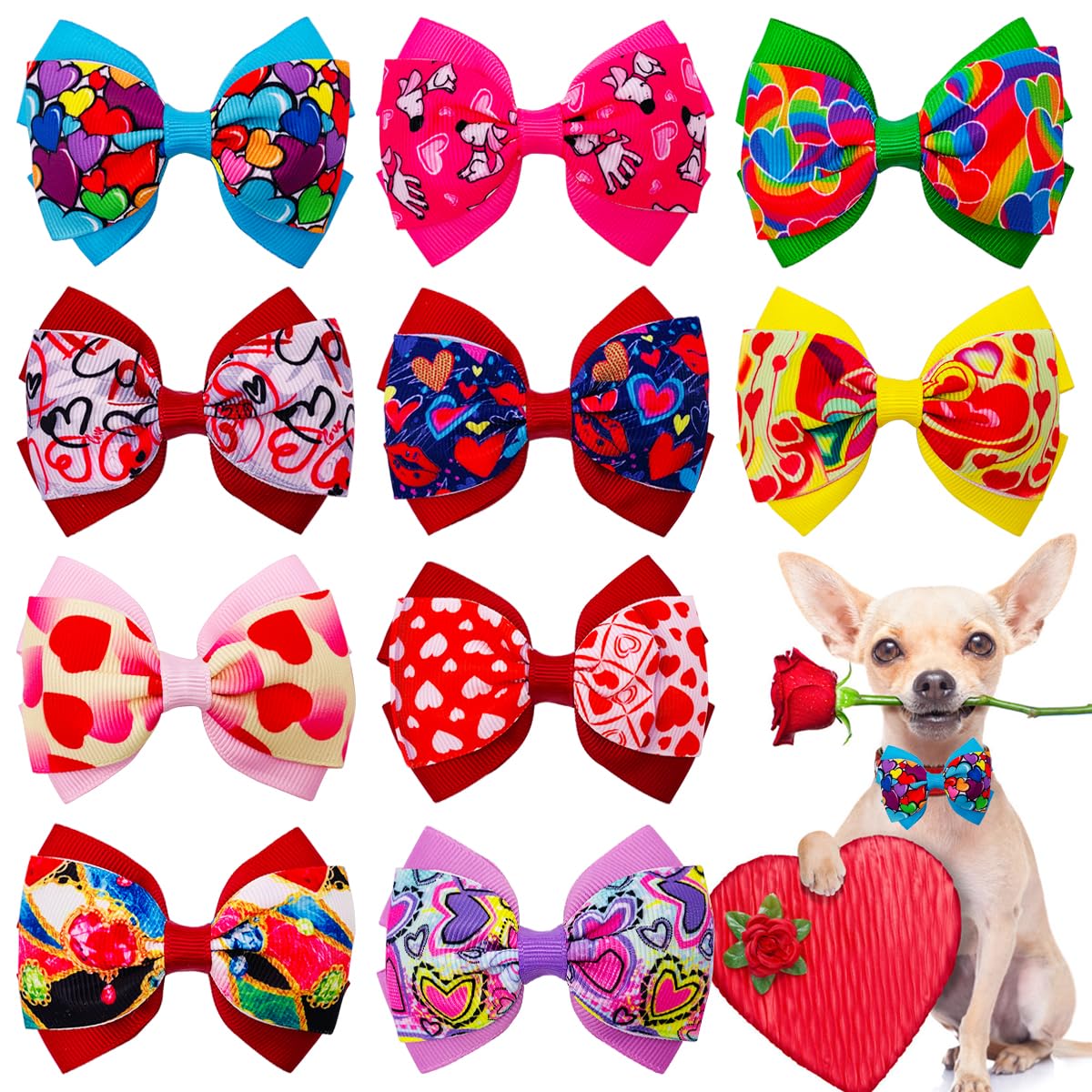 JpGdn 10pcs Valentine's Day Dogs Bowties Charms Attachment Bows Slide for Small Medium Puppy Doggy Cat Kitten Rabbit Bunny Grooming Accessories Embellishment