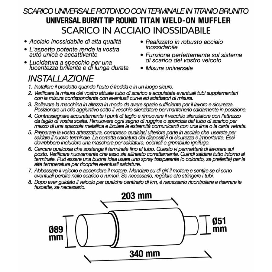 Marmitta Scarico Sportivo Universale Auto | Rotonda in Acciaio Inox | 89mm Uscita | 51mm Ingresso