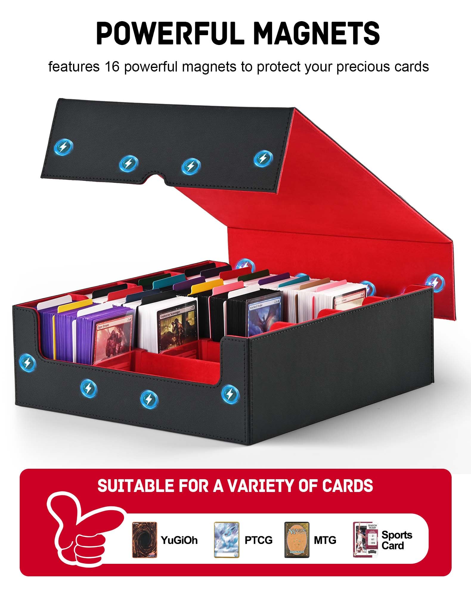 ZLCA Scatola portaoggetti per carte collezionabili, può contenere più di 2.400 carte, scatola MTG con 4 tappi, organizer per carte magiche per schede TCG PTCG (nero e rosso)