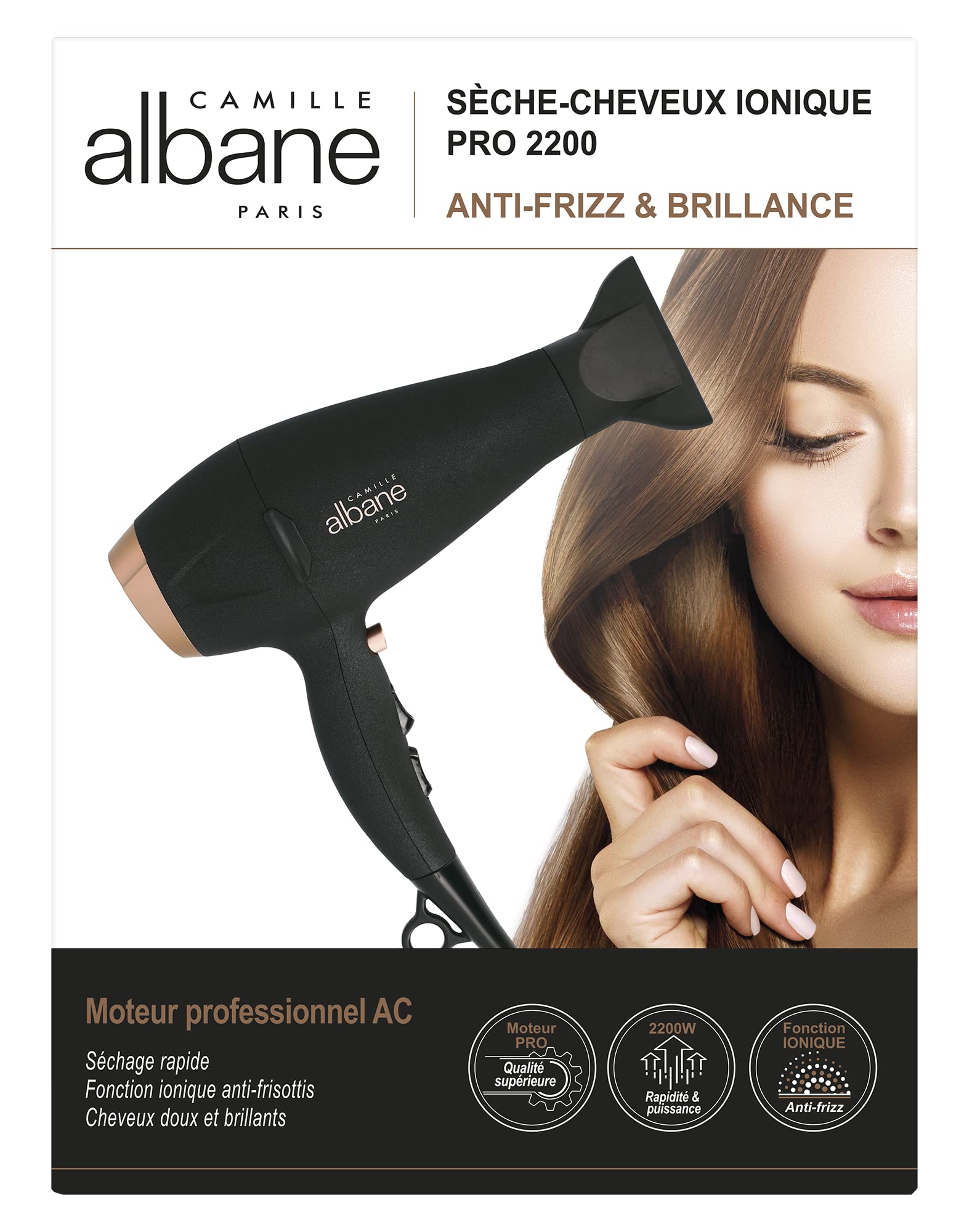 CAMILLE ALBANE - Seche Cheveux Ionique Pro - 2200 W - Sechage Rapide - 3 Températures - Appareil Coiffure Professionnel - Antistatique - Brillance