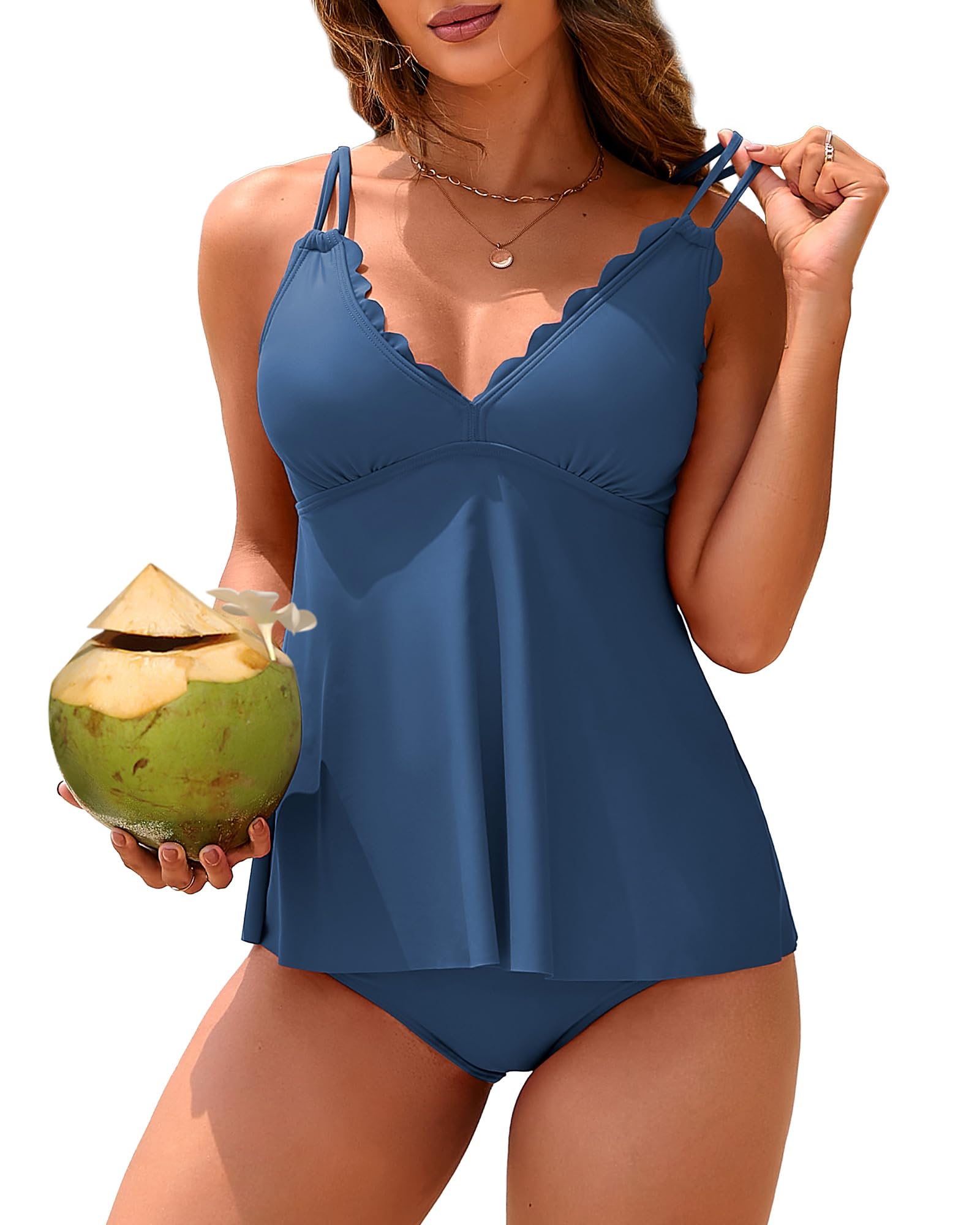 ANFILIA Two Piece Tankini Swimsuits for Women Scallop Trim V Neck Tankini Top with Bottom Tummy Control Bathing Suit