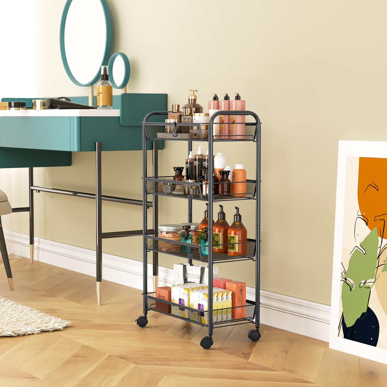 WELDUN Carrello Portaoggetti A 4 Livelli, Carrello A Rete, Carrello Portaoggetti Mobile Per Camera Da Letto, Cucina, Bagno, Soggiorno, Metallo, Nero