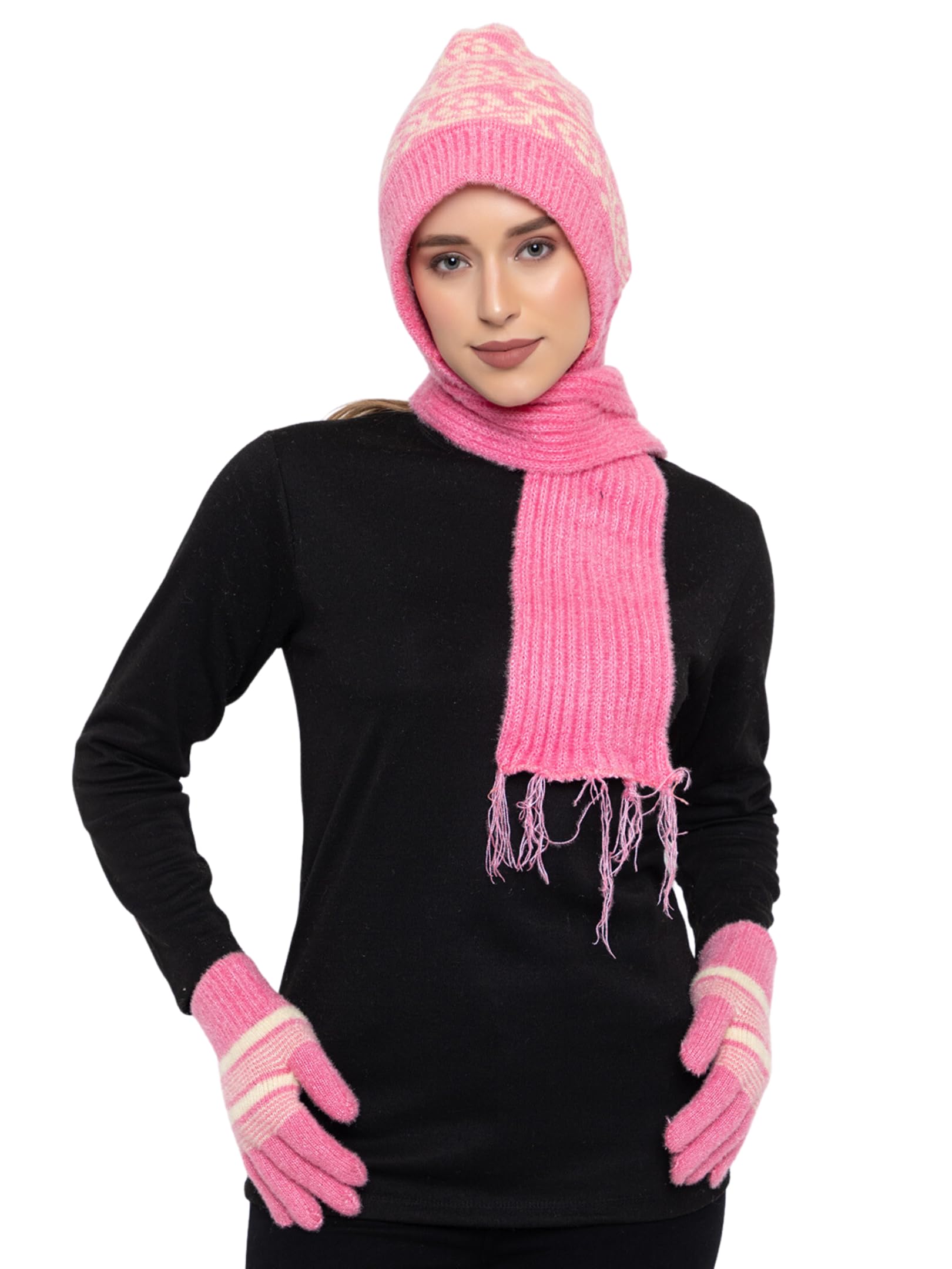 AMOLDO Conjunto combinado de gorro de lana de invierno para mujer con silenciador/scraf y guantes (gorra de diseño)