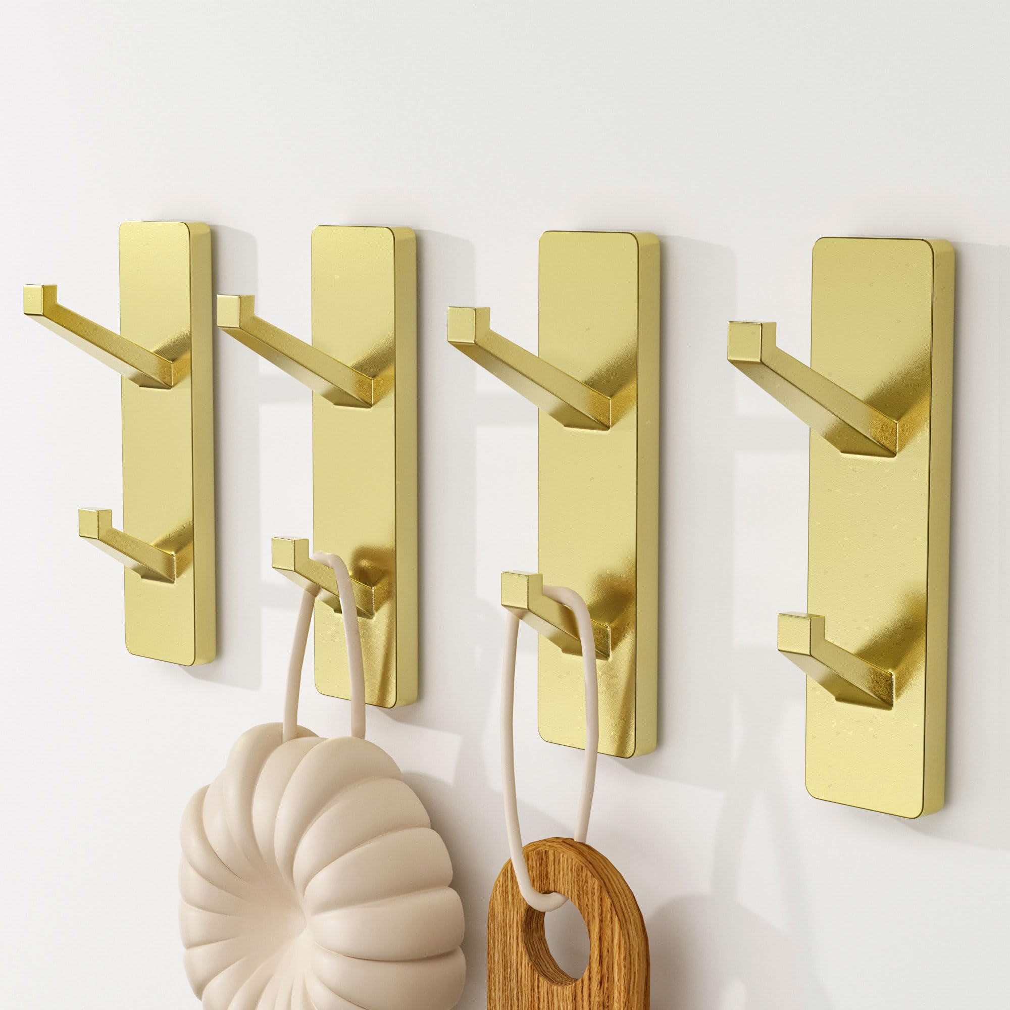 Gold Self Adhesive Wall Hooks for Hanging Towels, Coats, Purses, Jackets, Hats - Strong Stick On Hangers for Door, Bathroom, Dorm, RV, Kitchen, Closet, Shower - Metal, 4 Pack