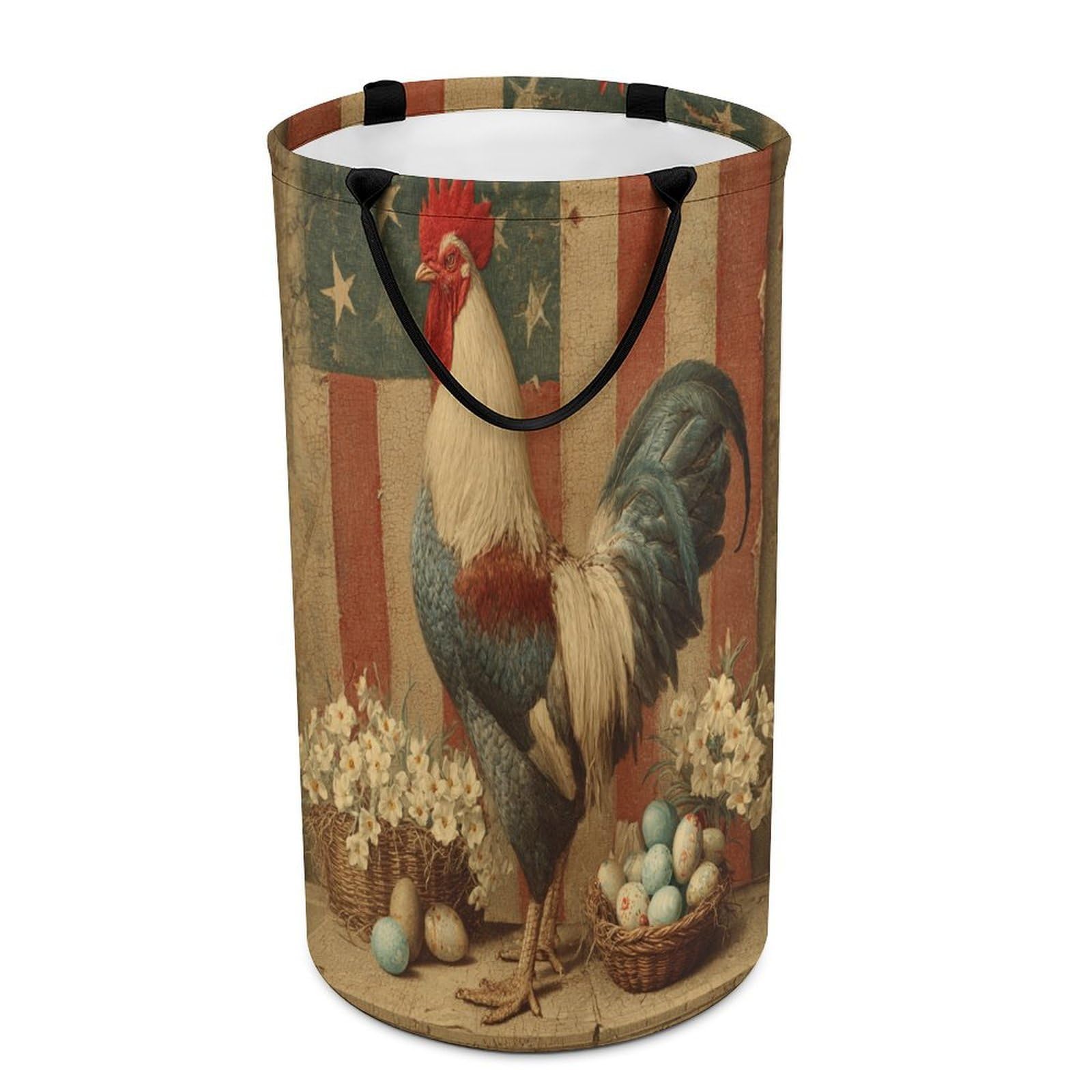 LUYYSKY Beautiful Abstract Animal Chicken Collapsible Dirty Clothes Basket, Vintage Patriotic American Flag Daisies Flowers Animal Rooster Portable Clothes Storage Basket