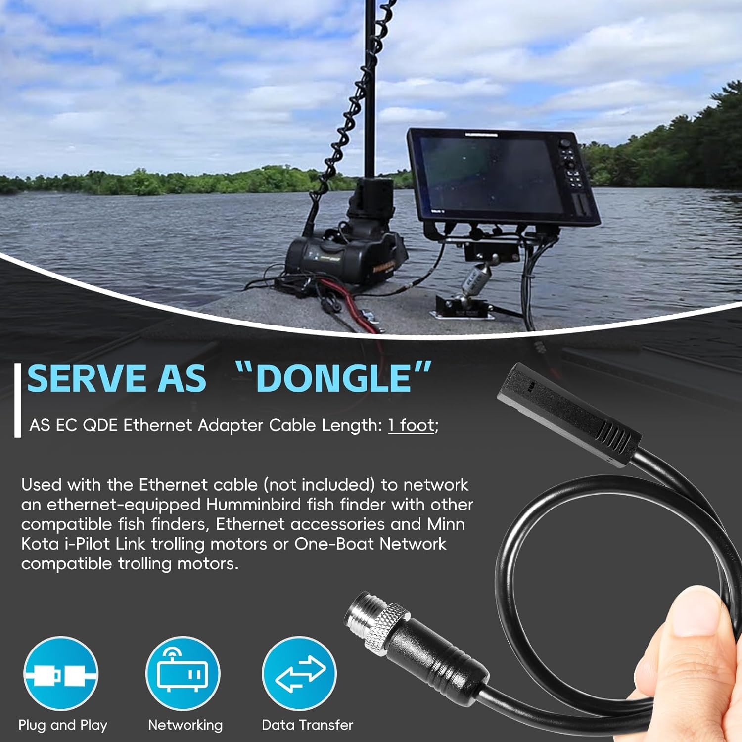 720074-12 (720074-1) AS EC QDE Cavo adattatore Ethernet per Fishfinder Humminbird – Cavo di rete robusto per HELIX 7-15 & SOLIX G2N/G3N/G4N, i-Pilot Link, One-Boat Network e Mega Live Imaging (wasse