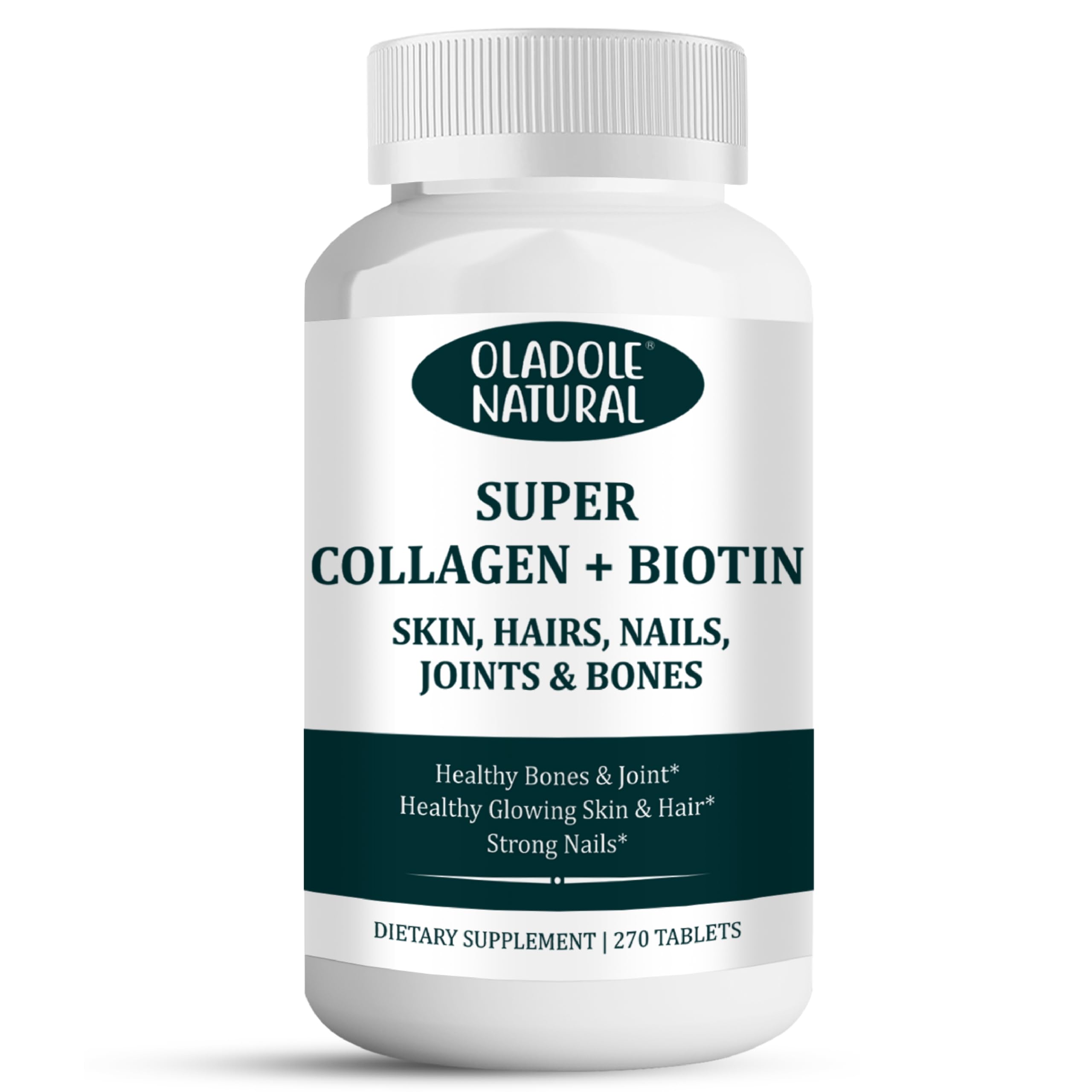 Oladole NaturalSuper Collagen Peptides + Vitamin C & Biotin, 3g Collagen Per Serving, Gluten Free, Promotes Healthy Hair, Beautiful Skin, and Nail Support, Dietary Supplement, 270 Tablets