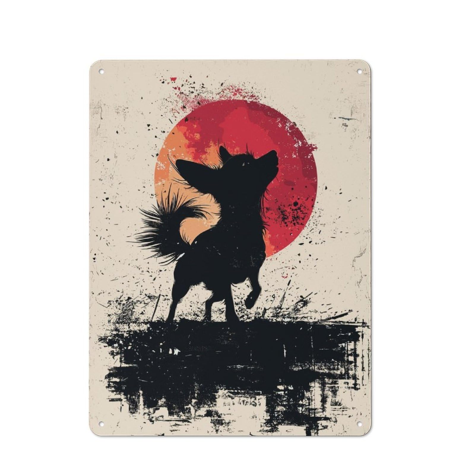 Junmoney Chihuahua Silhouette With Red Moon Tin Wall Plaque 40X30cm With For Guest Room Or Hallway, For Metal Sign Collectors, For Garage And Workshop Walls