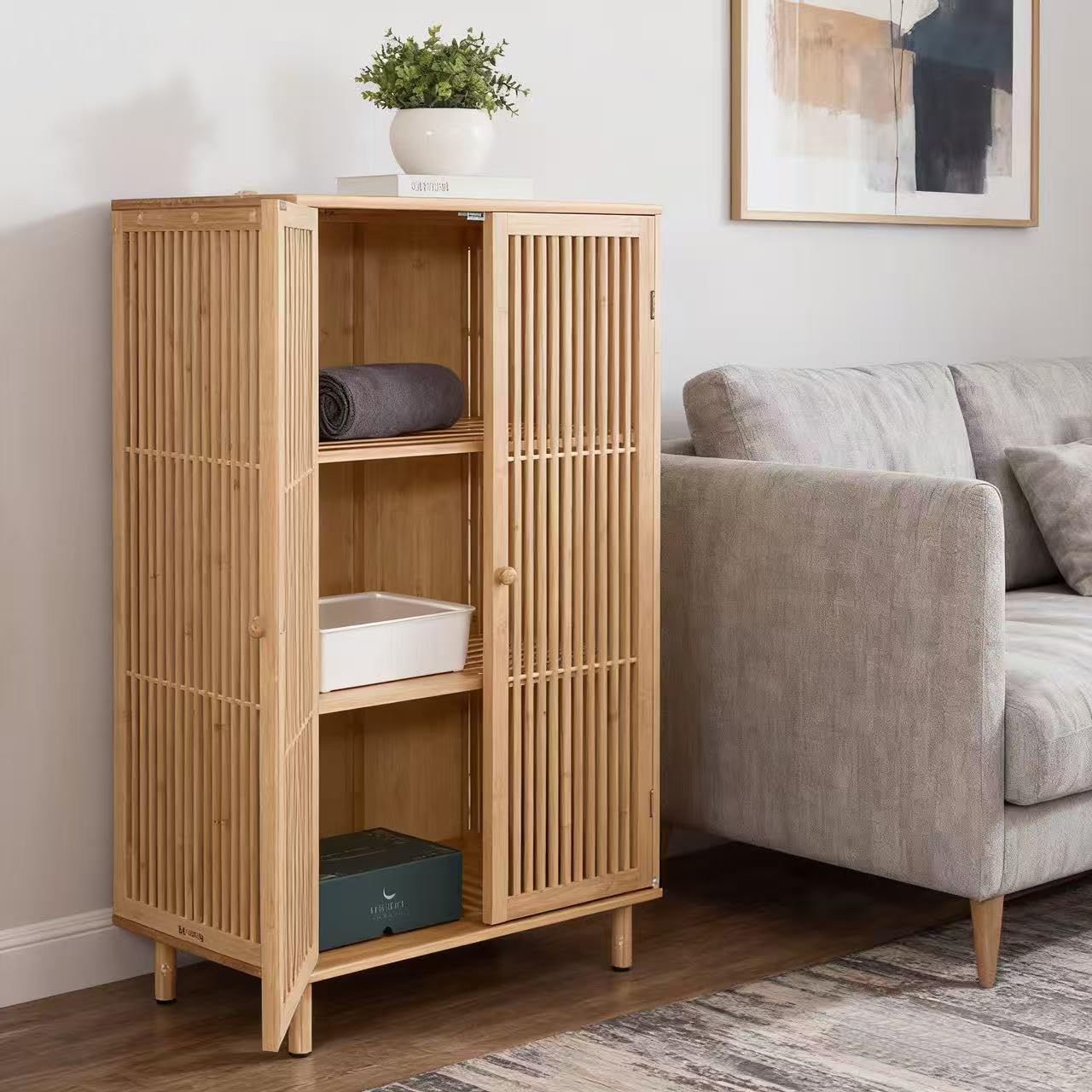Beistellschrank mit 2 Türen Bambusschrank Kommode Schrank aus Bambus mit 3 Ablageflächen Aufbewahrungsschrank 110x66x40cm Natural