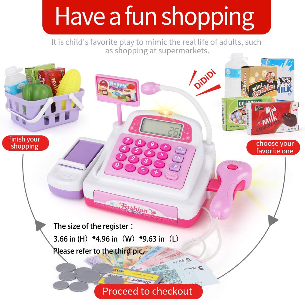 Juego De Caja Registradora Con Escáner Y Sonidos De 34 Piezas - Juguete De Supermercado Para Niños De 3 Años En Adelante, Incluye Comida, Dinero, Tarjeta Y Cesta, Aprende Matemáticas Y Juego De Roles